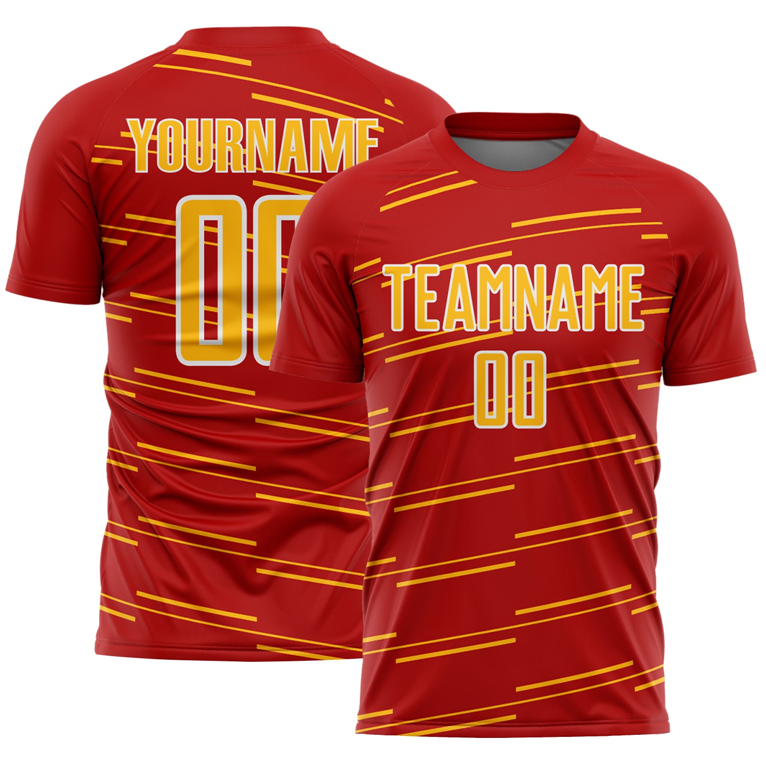 Custom Red Gold-White Diagonal Pinstripes Lines Sports Sublimation Soccer Uniform Jersey