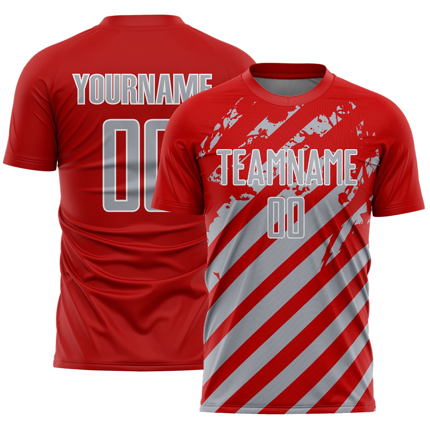 Custom Red Gray-White Distressed Diagonal Stripe Pattern Sports Sublimation Soccer Uniform Jersey