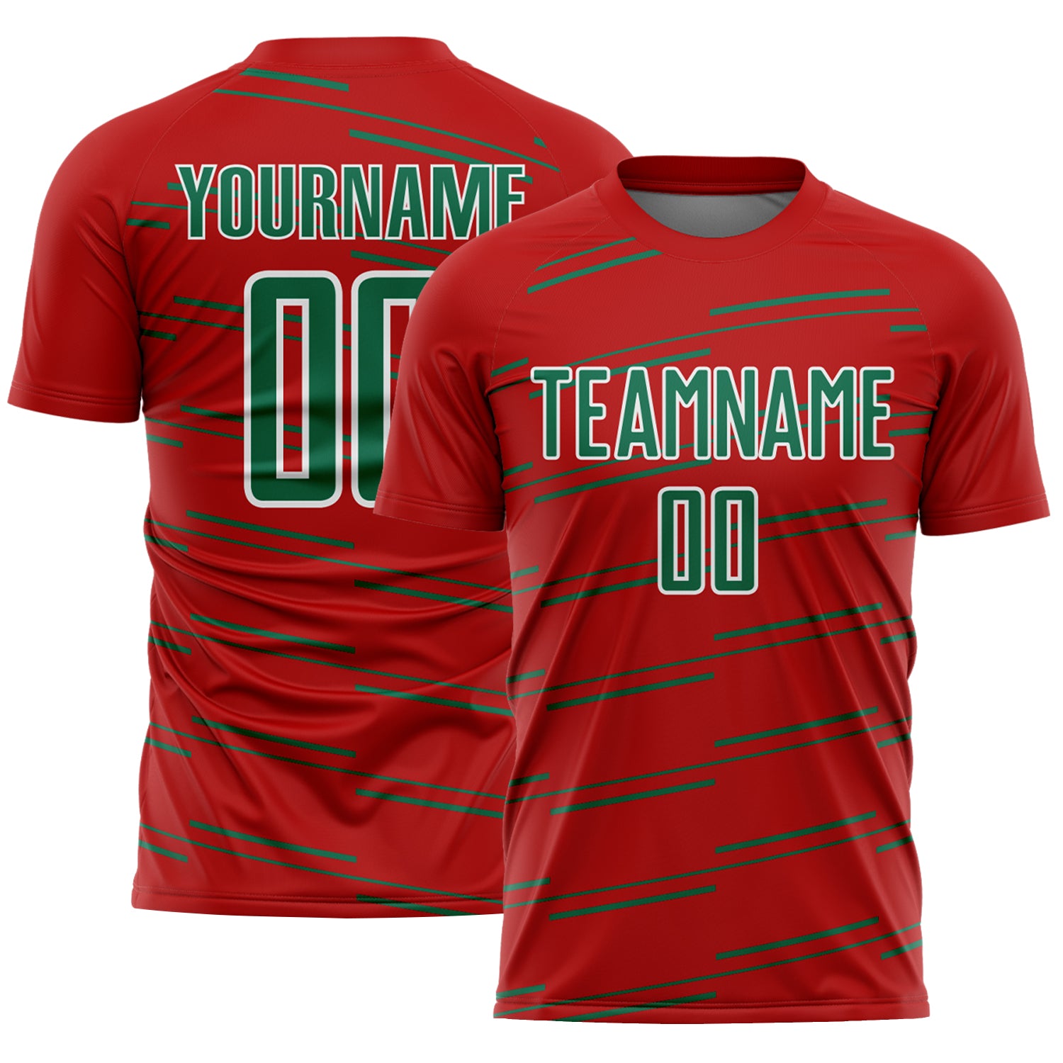 Custom Red Kelly Green-White Diagonal Pinstripes Lines Sports Sublimation Soccer Uniform Jersey
