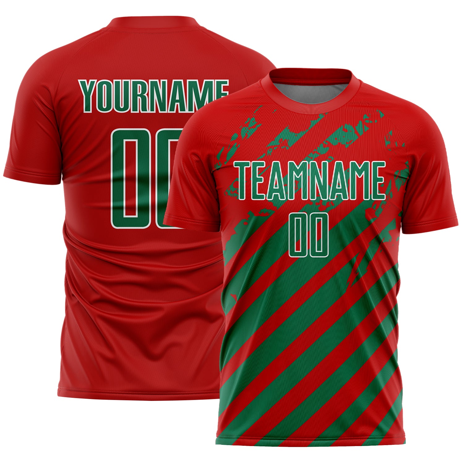 Custom Red Kelly Green-White Distressed Diagonal Stripe Pattern Sports Sublimation Soccer Uniform Jersey