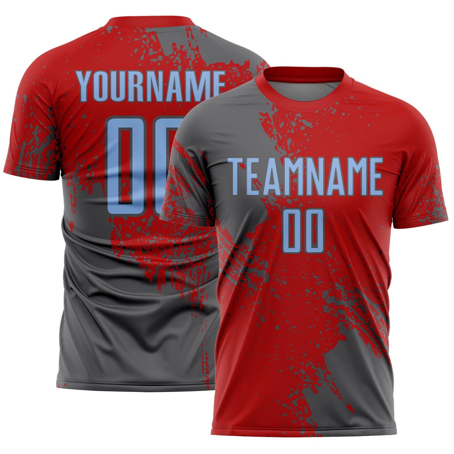 Custom Red Light Blue-Steel Gray Abstract Brush Stroke Sports Sublimation Soccer Uniform Jersey
