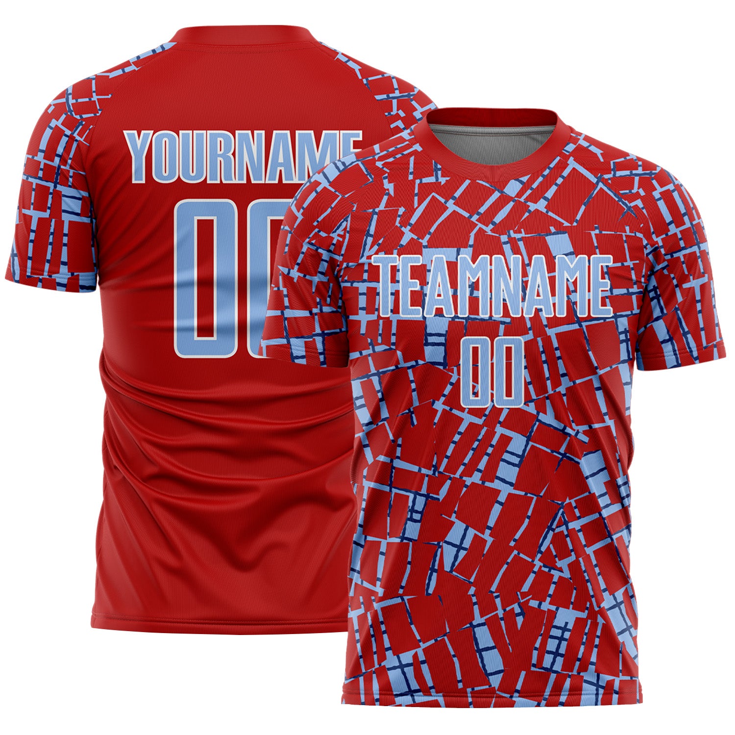 Custom Red Light Blue-White Abstract Line Sports Sublimation Soccer Uniform Jersey