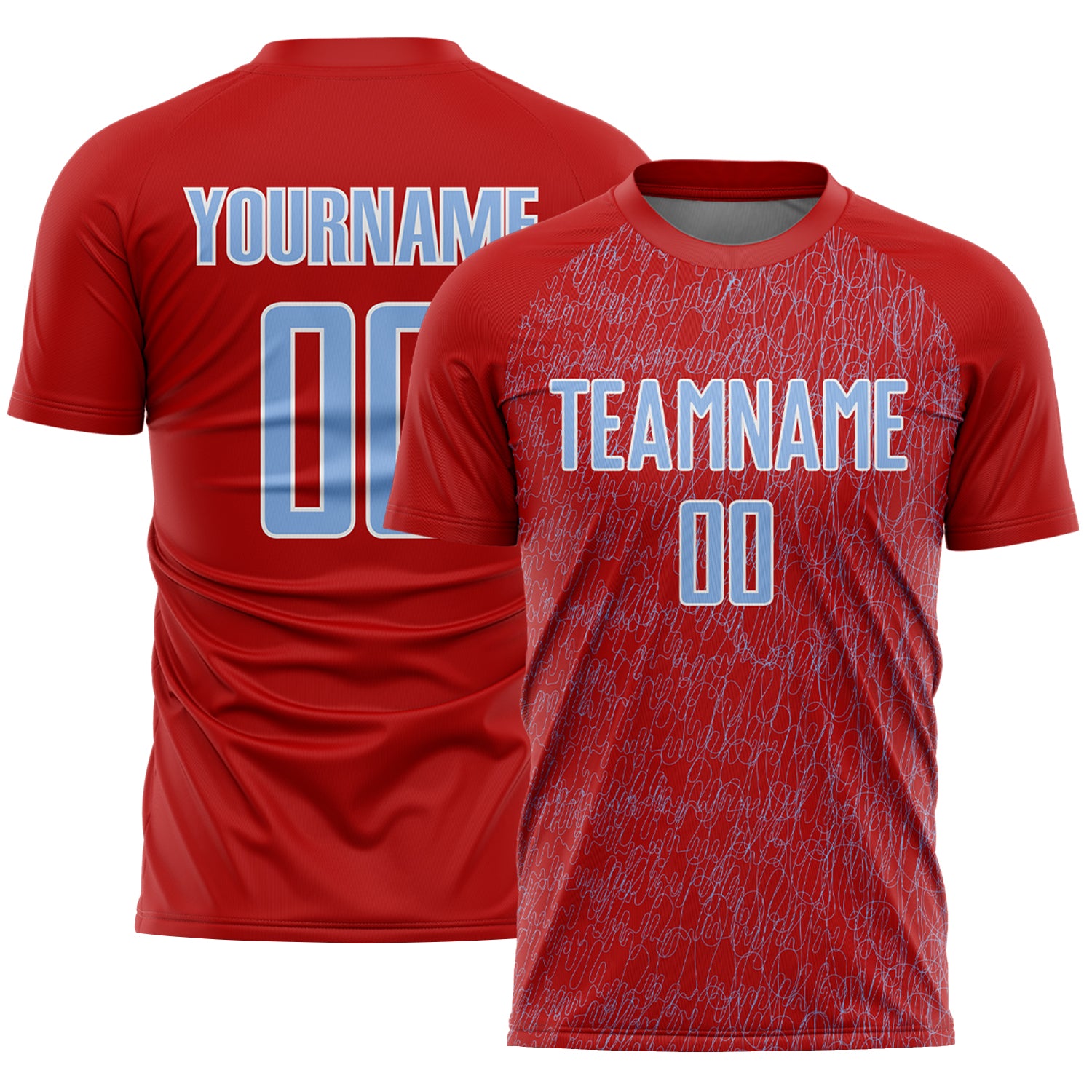 Custom Red Light Blue-White Abstract Scribble Curve Line Pattern Sports Sublimation Soccer Uniform Jersey