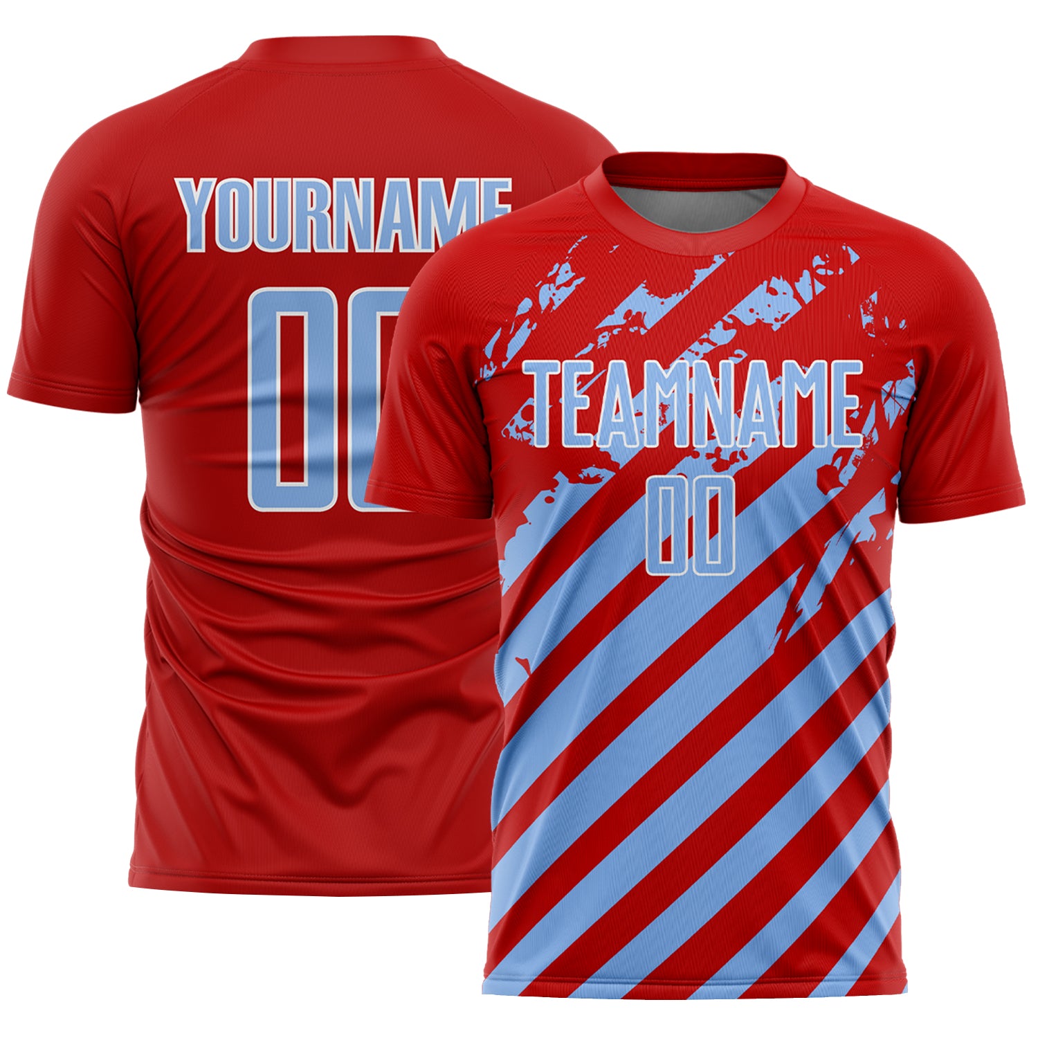 Custom Red Light Blue-White Distressed Diagonal Stripe Pattern Sports Sublimation Soccer Uniform Jersey