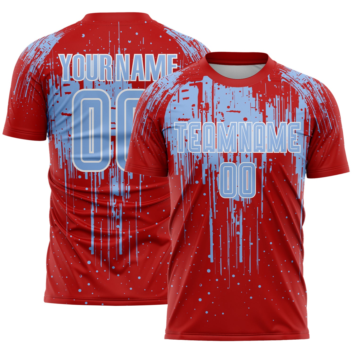 Custom Red Light Blue-White Dripping Splatte Pattern Sports Sublimation Soccer Uniform Jersey