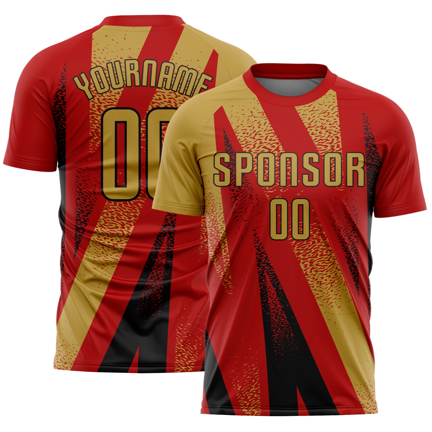 Custom Red Old Gold-Black Radial Burst Sports Sublimation Soccer Uniform Jersey