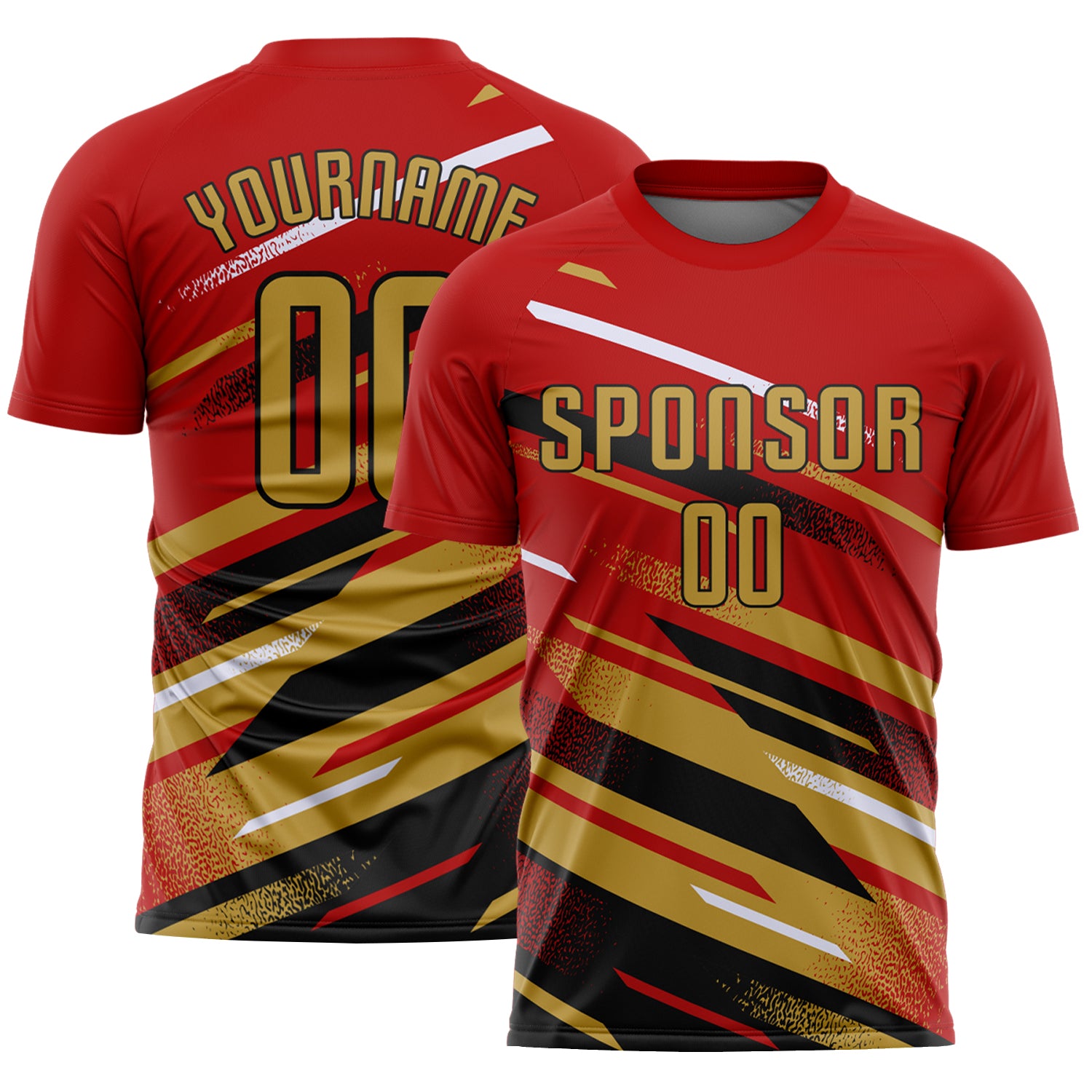 Custom Red Old Gold Black-White Grunge Stripe And Grainy Sports Sublimation Soccer Uniform Jersey