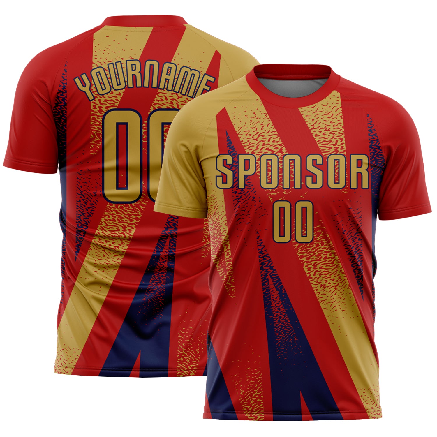 Custom Red Old Gold-Navy Radial Burst Sports Sublimation Soccer Uniform Jersey