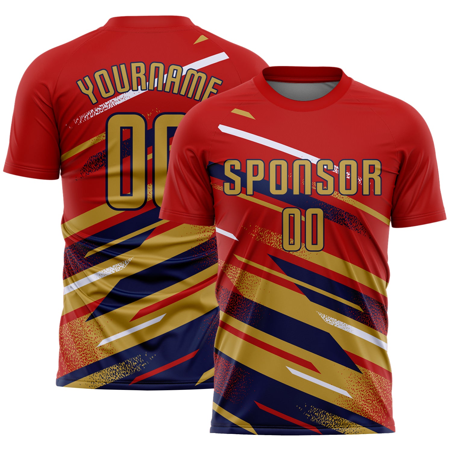 Custom Red Old Gold Navy-White Grunge Stripe And Grainy Sports Sublimation Soccer Uniform Jersey