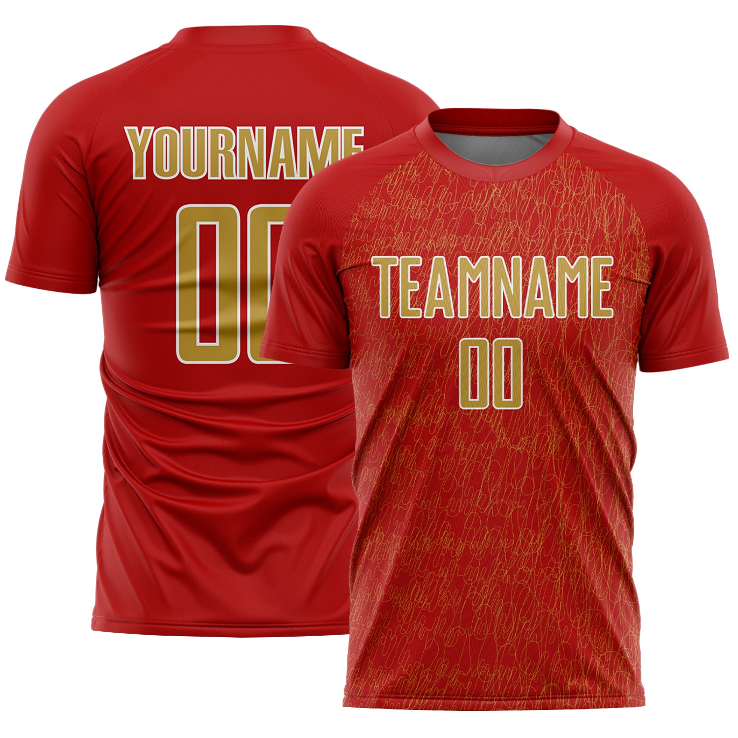 Custom Red Old Gold-White Abstract Scribble Curve Line Pattern Sports Sublimation Soccer Uniform Jersey