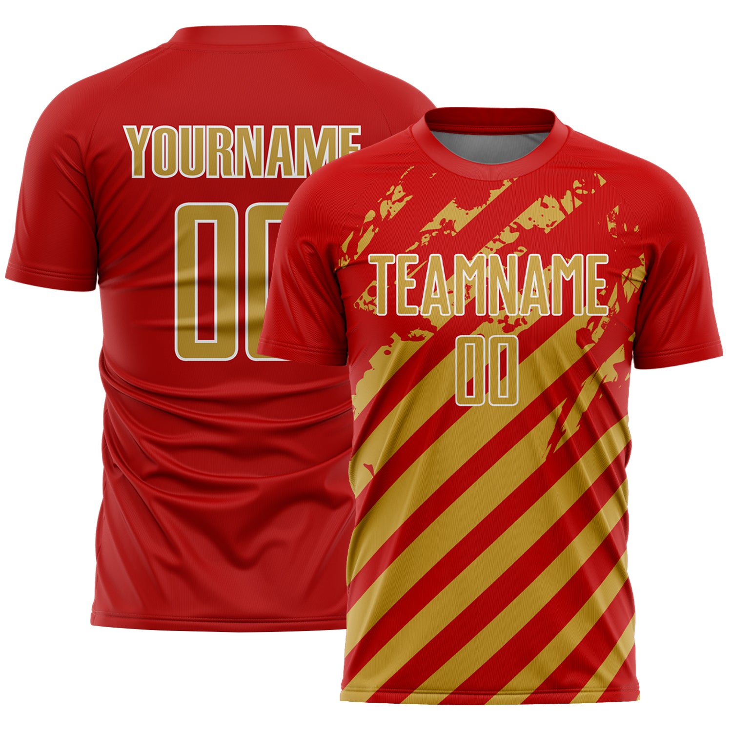 Custom Red Old Gold-White Distressed Diagonal Stripe Pattern Sports Sublimation Soccer Uniform Jersey