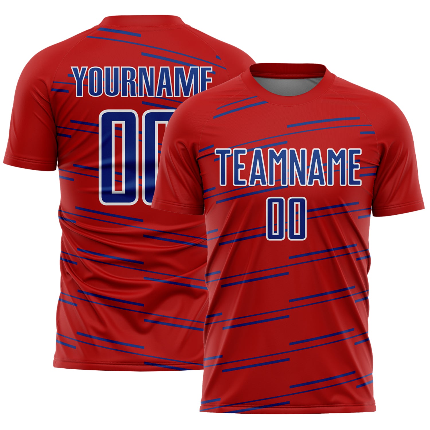 Custom Red Royal-White Diagonal Pinstripes Lines Sports Sublimation Soccer Uniform Jersey