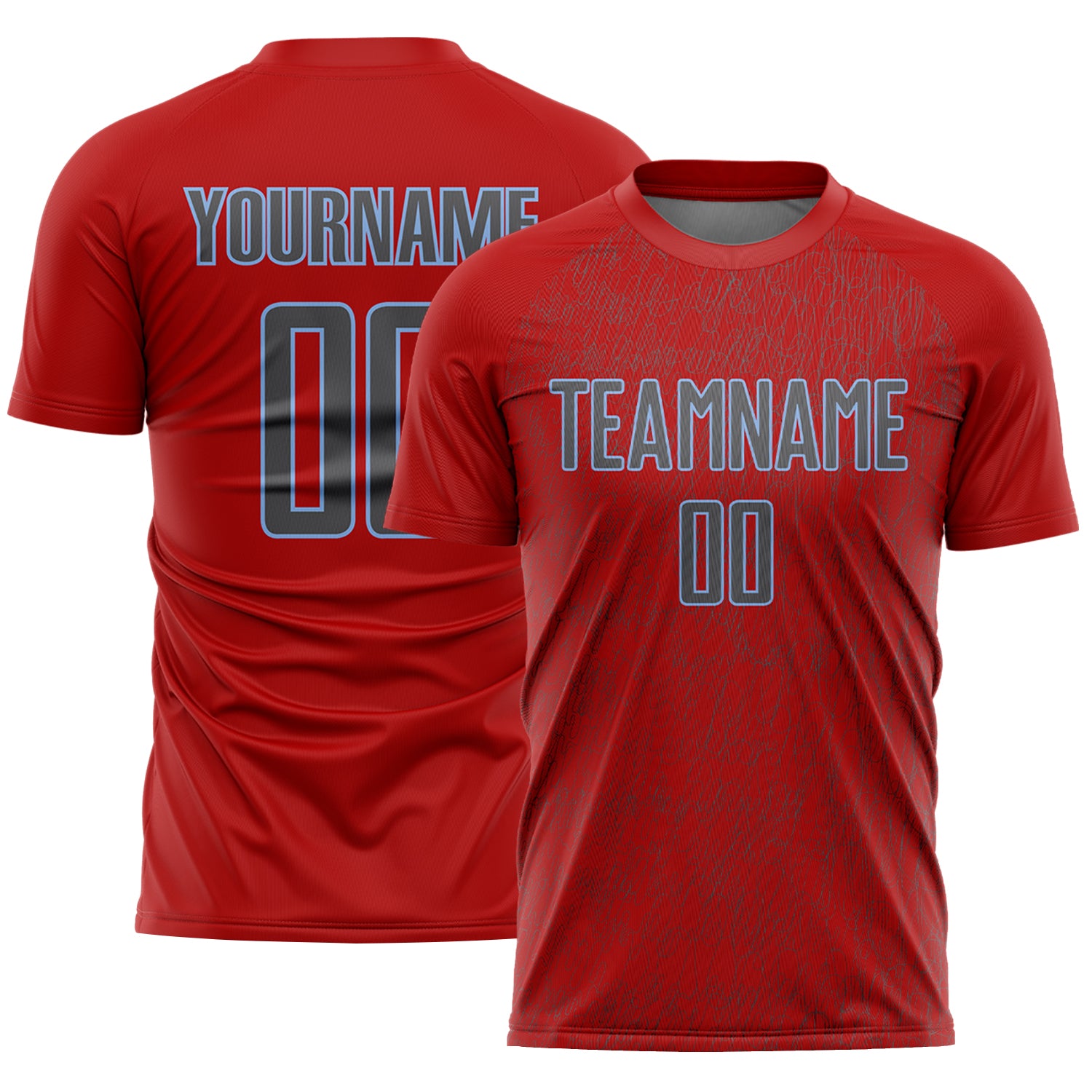 Custom Red Steel Gray-Light Blue Abstract Scribble Curve Line Pattern Sports Sublimation Soccer Uniform Jersey