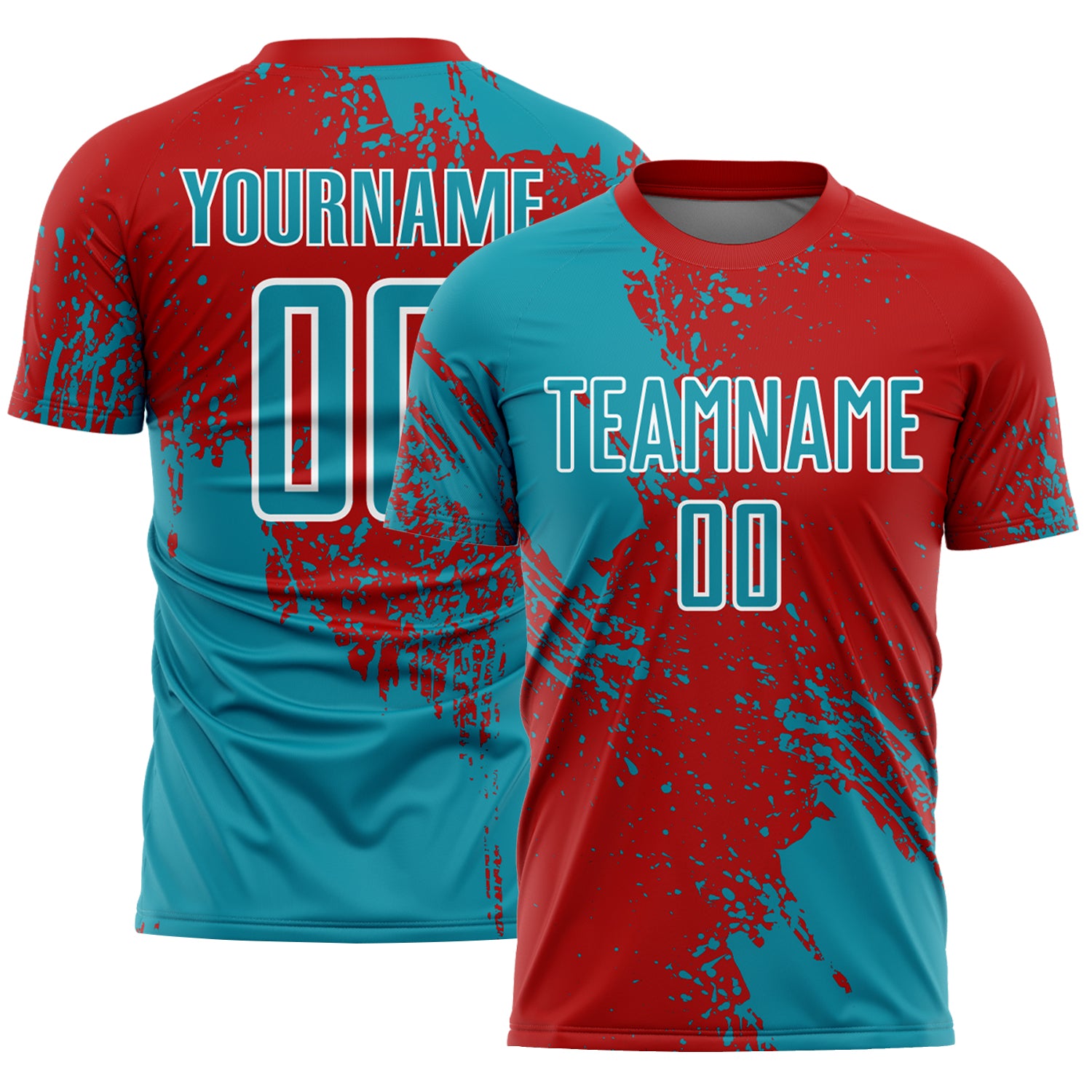 Custom Red Teal-White Abstract Brush Stroke Sports Sublimation Soccer Uniform Jersey