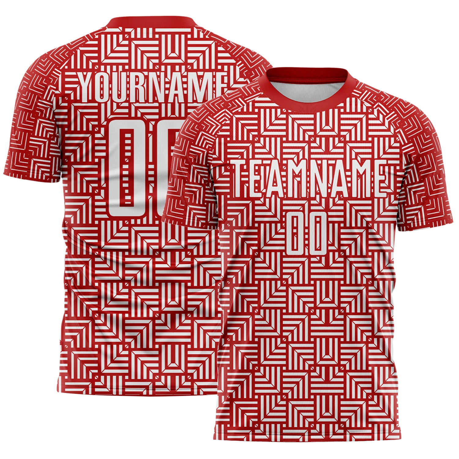 Custom Red White Geometric Maze Interlocking Square Sports Sublimation Soccer Uniform Jersey