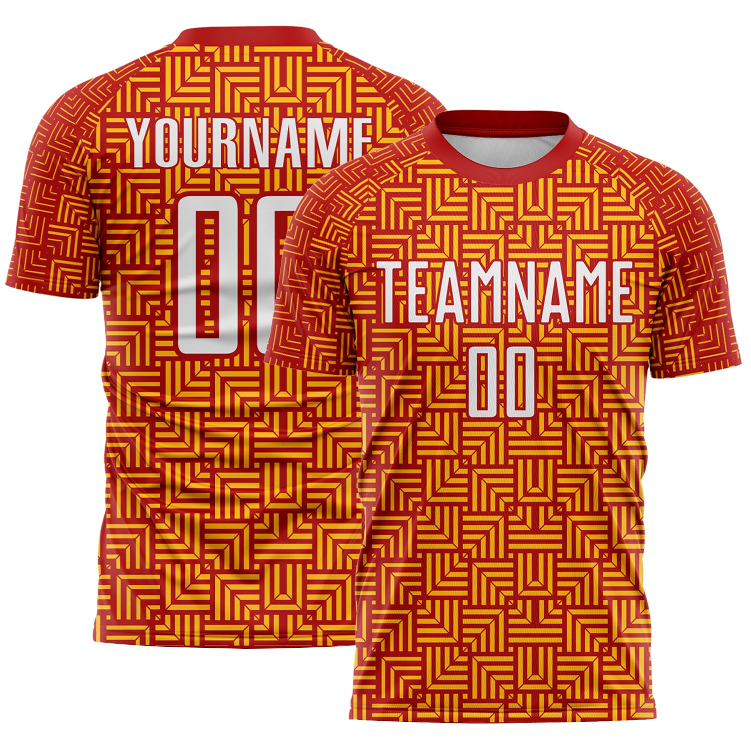 Custom Red White-Gold Geometric Maze Interlocking Square Sports Sublimation Soccer Uniform Jersey