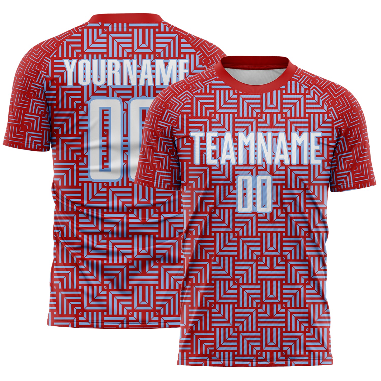 Custom Red White-Light Blue Geometric Maze Interlocking Square Sports Sublimation Soccer Uniform Jersey