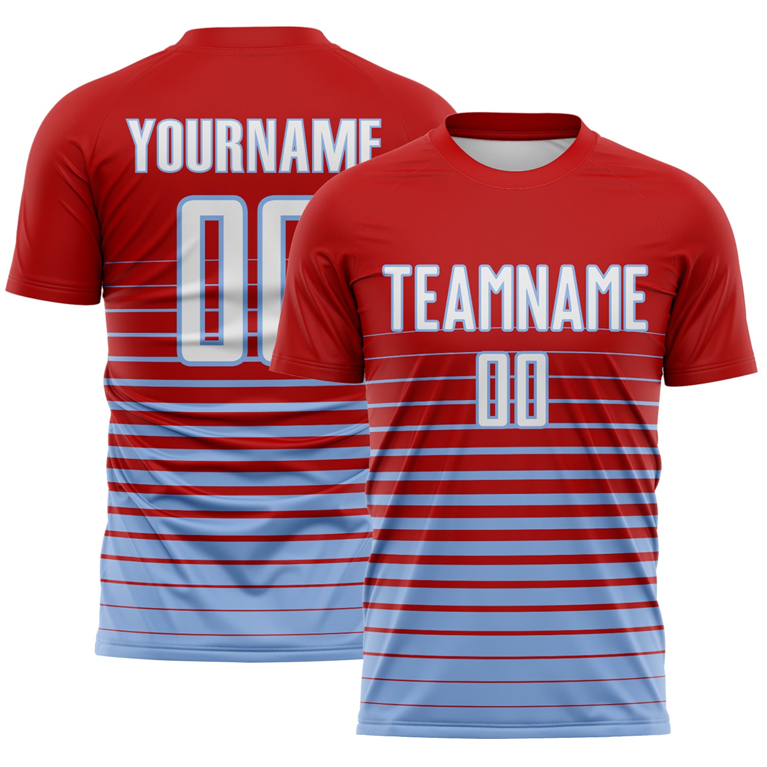 Custom Red White-Light Blue Gradient Pinstripe Sublimation Soccer Uniform Jersey