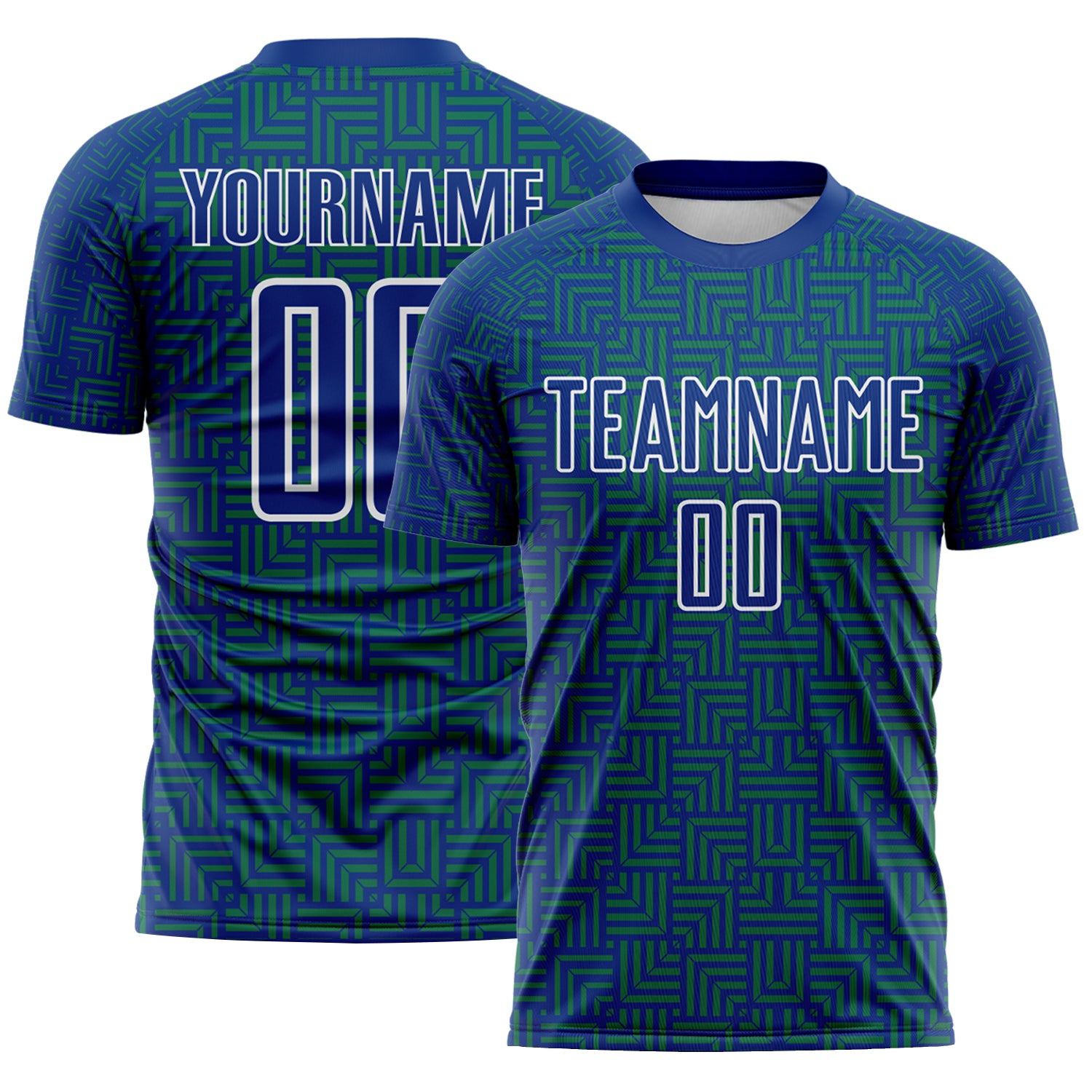 Custom Royal Kelly Green-White Geometric Maze Interlocking Square Sports Sublimation Soccer Uniform Jersey
