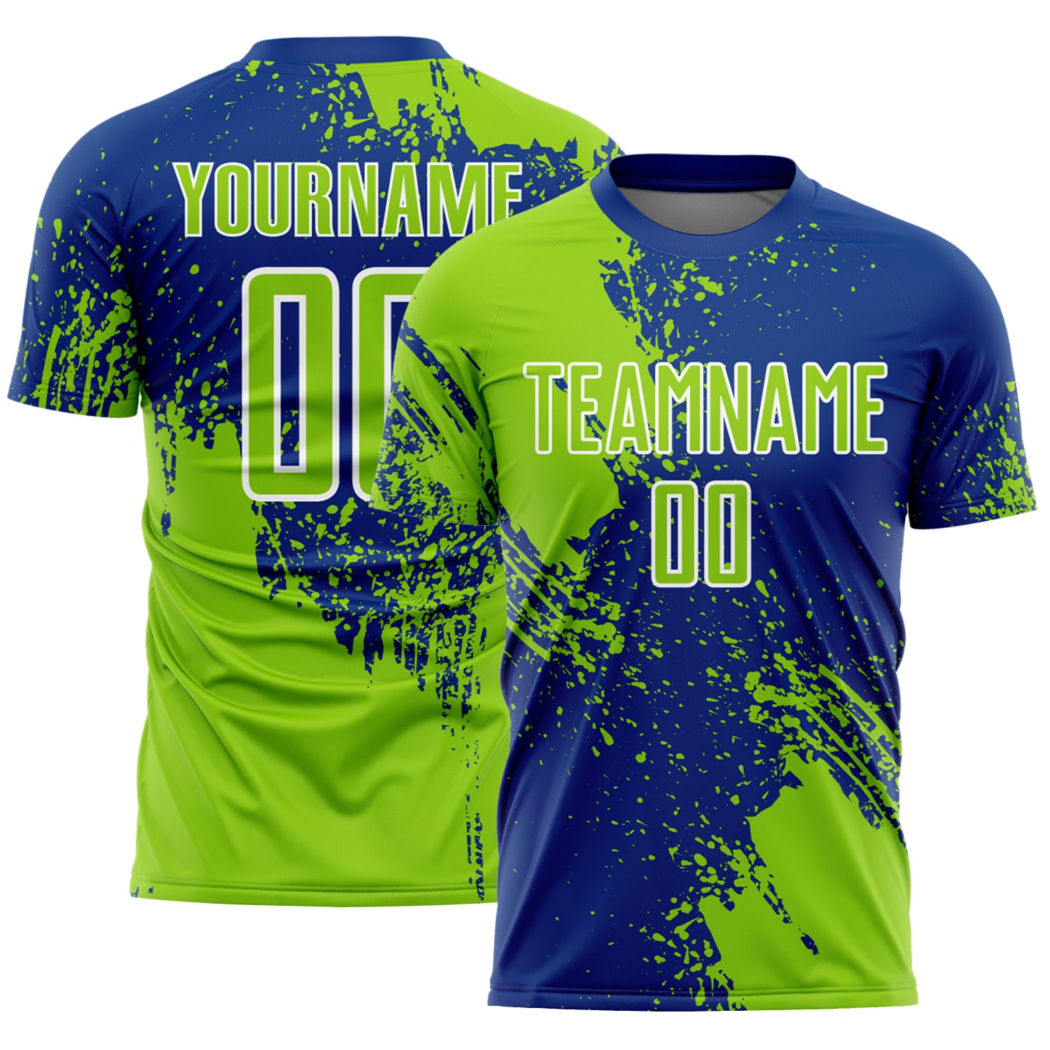 Custom Royal Neon Green-White Abstract Brush Stroke Sports Sublimation Soccer Uniform Jersey