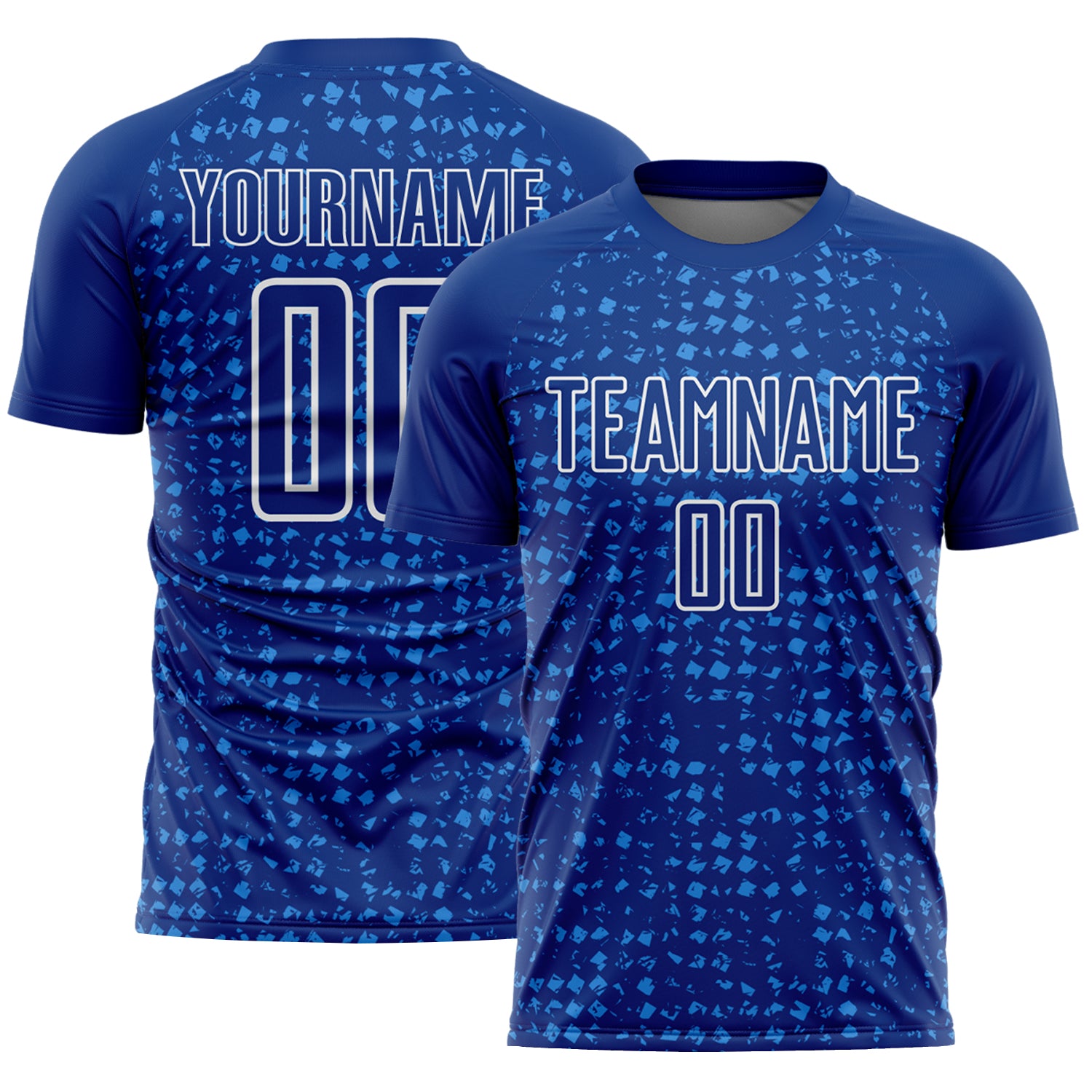 Custom Royal Powder Blue-White Digital Geometric Fragment Speckles Sublimation Soccer Uniform Jersey