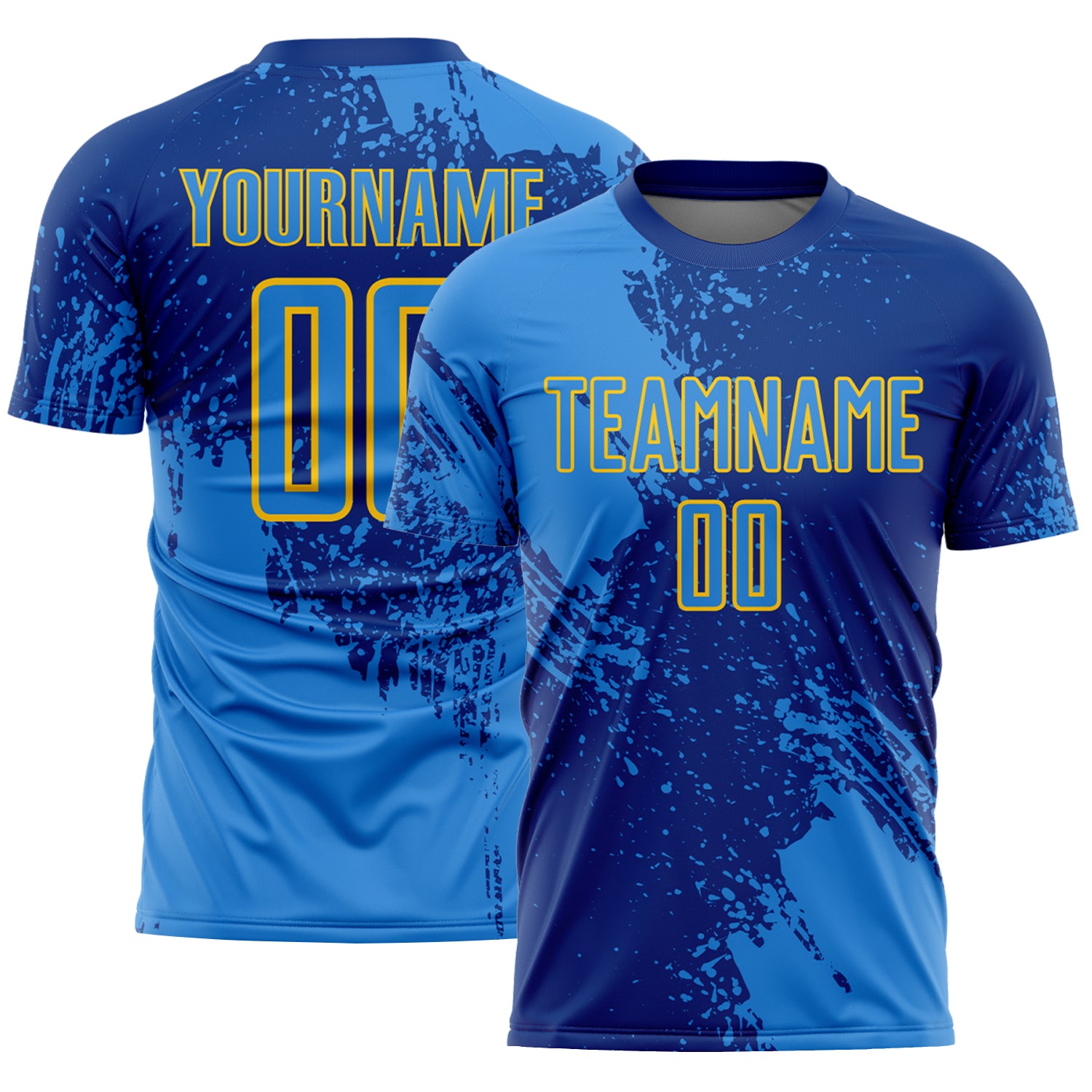 Custom Royal Powder Blue-Yellow Abstract Brush Stroke Sports Sublimation Soccer Uniform Jersey