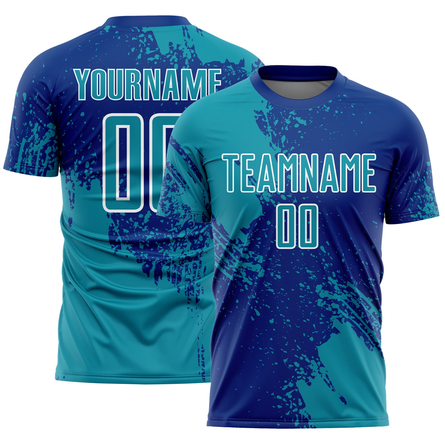 Custom Royal Teal-White Abstract Brush Stroke Sports Sublimation Soccer Uniform Jersey