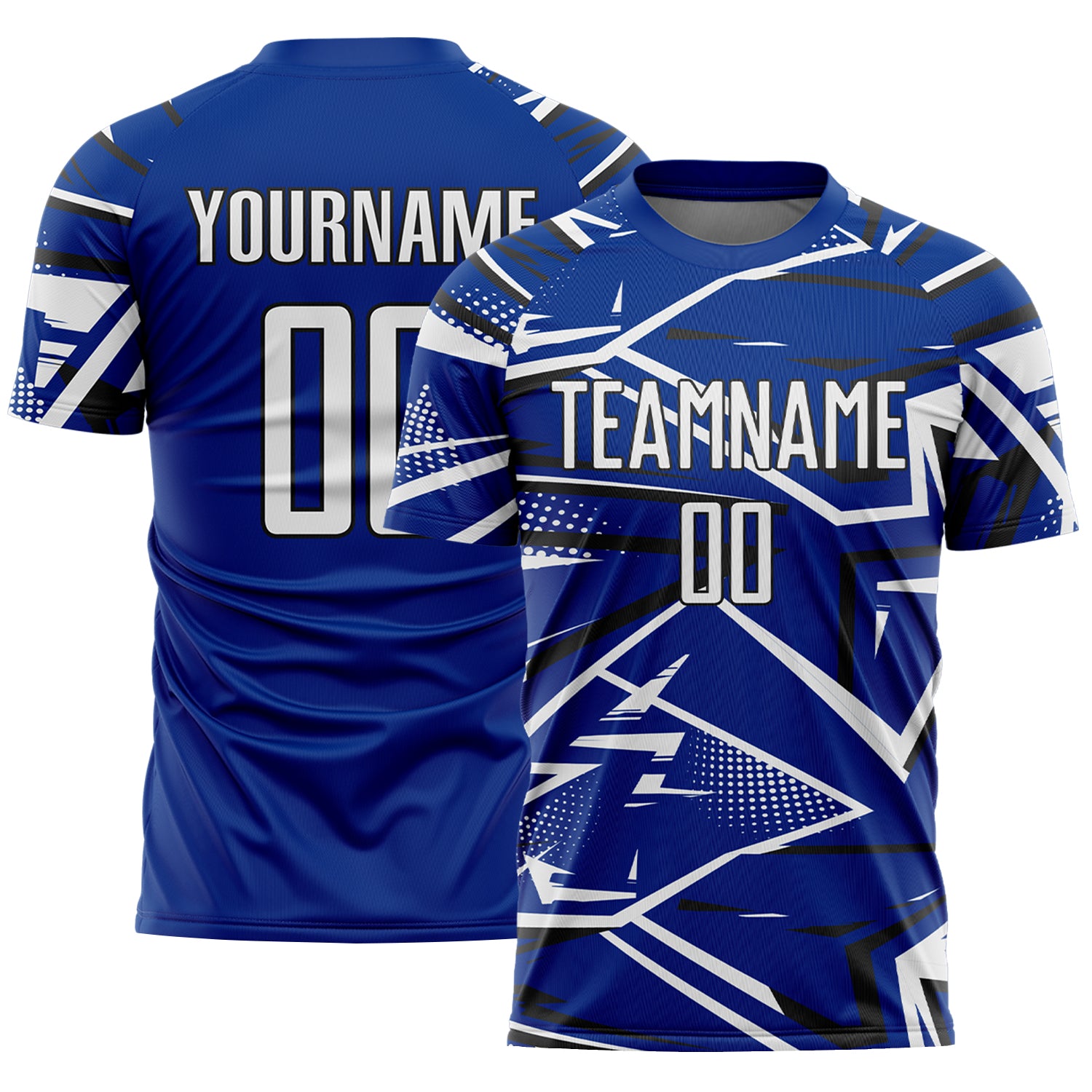 Custom Royal White-Black Abstract Geometric Stripes Sports Sublimation Soccer Uniform Jersey