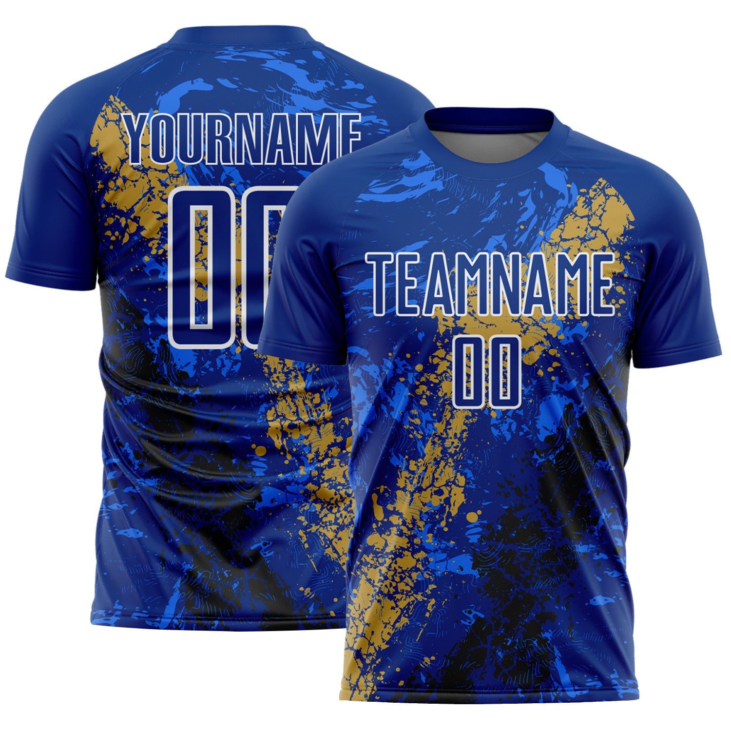 Custom Royal White Old Gold-Black Dripping Splatter Cracked Texture Sublimation Soccer Uniform Jersey