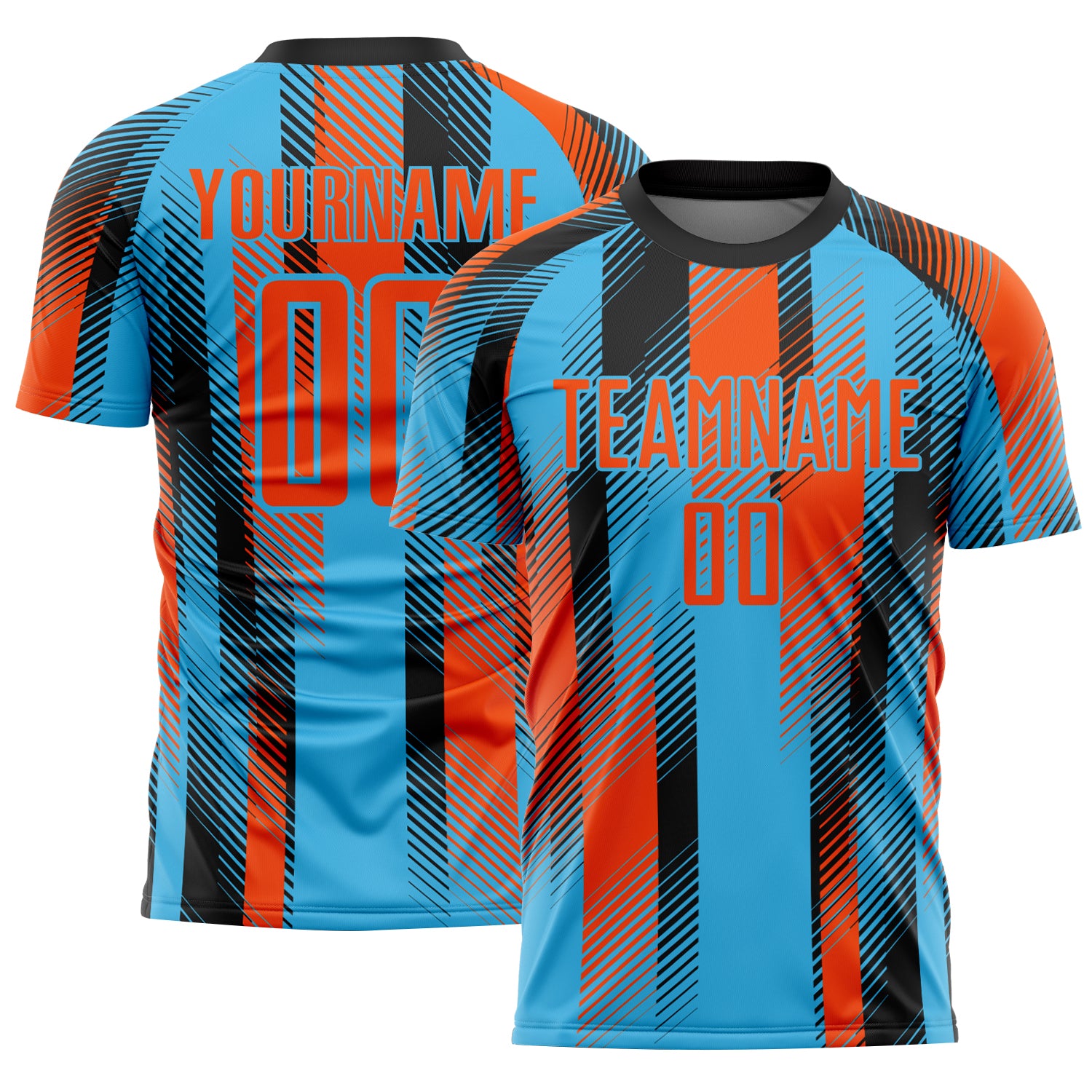 Custom Sky Blue Orange-Black Diagonal Stripe Sports Sublimation Soccer Uniform Jersey