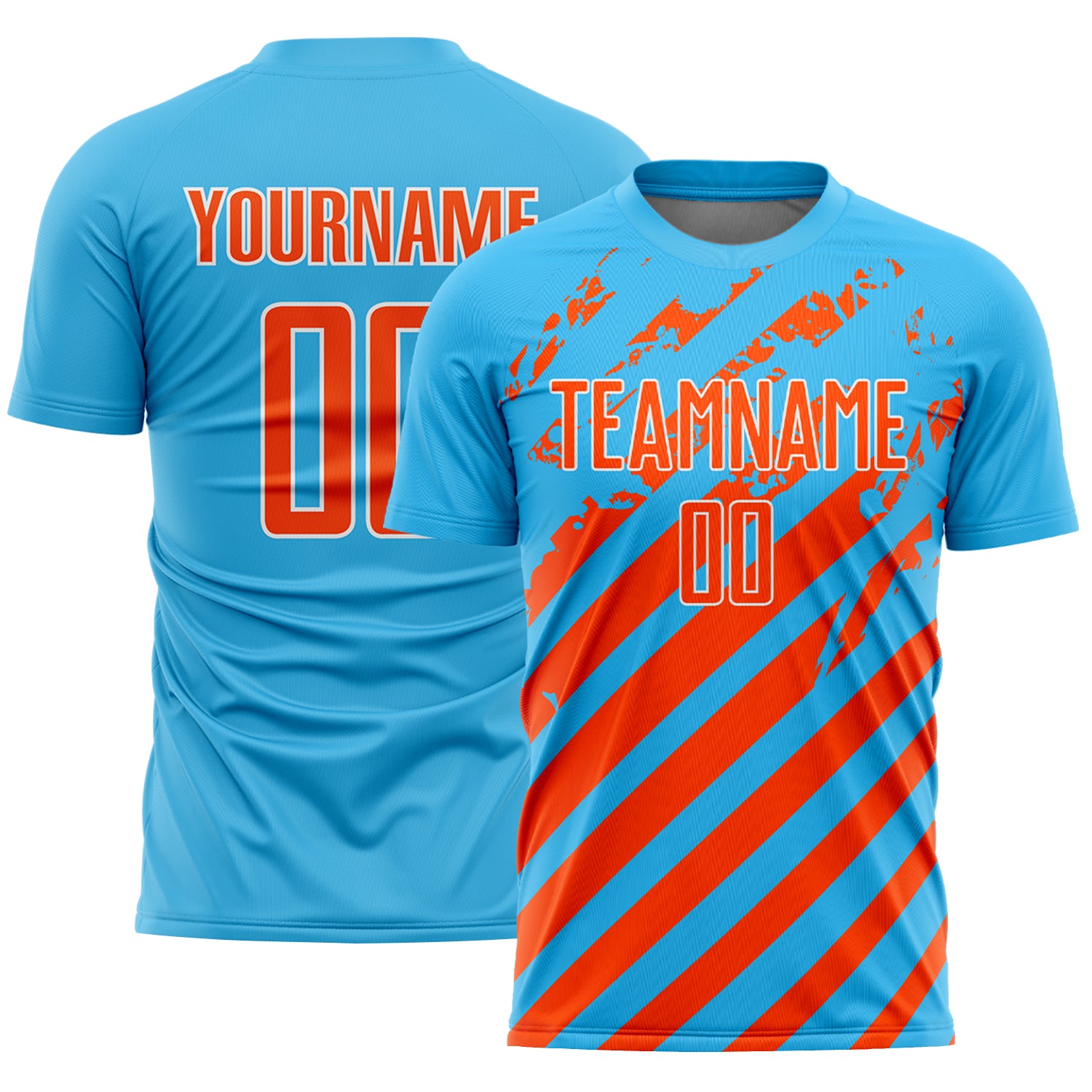 Custom Sky Blue Orange-White Distressed Diagonal Stripe Pattern Sports Sublimation Soccer Uniform Jersey