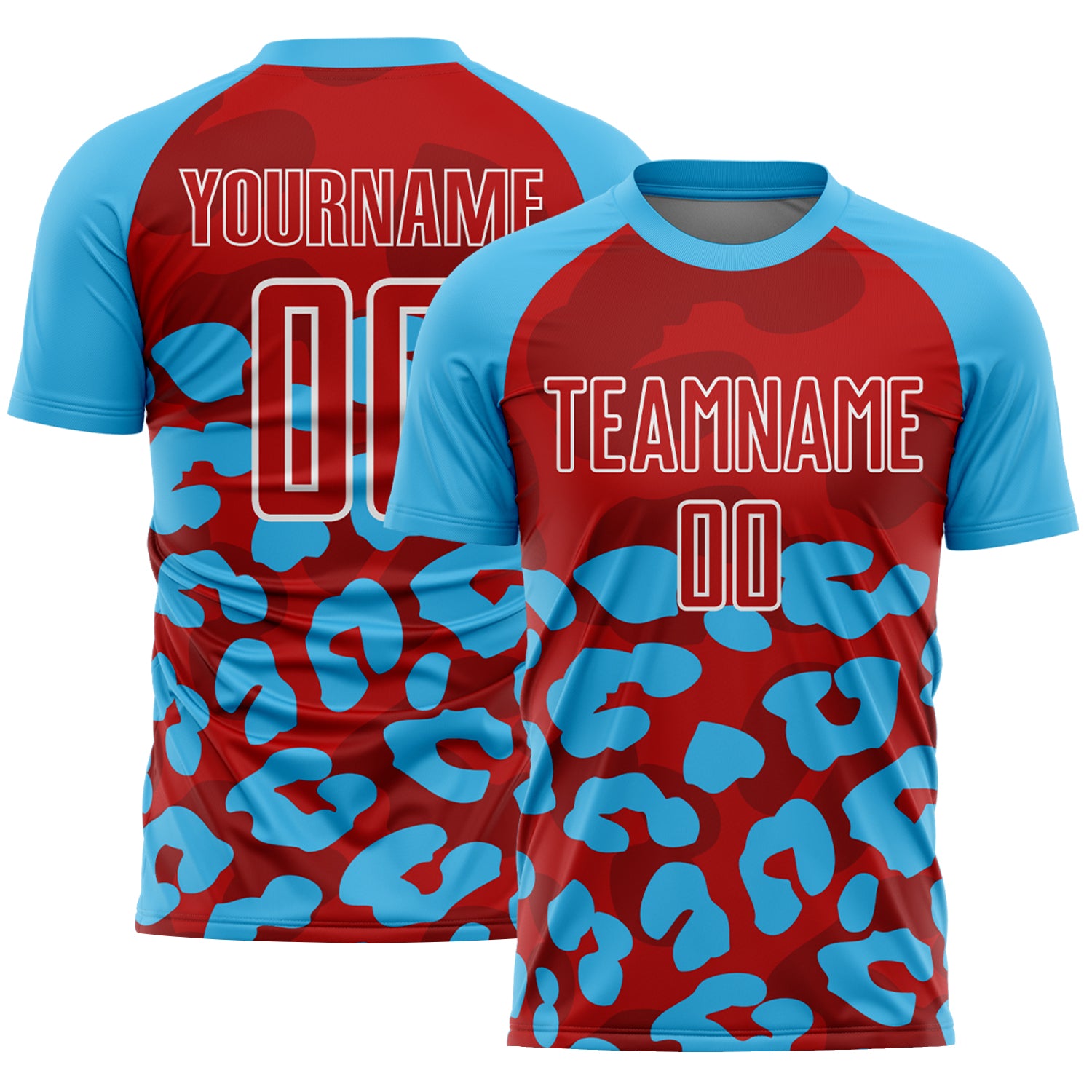 Custom Sky Blue Red-White Animal Leopard Print Sports Sublimation Soccer Uniform Jersey