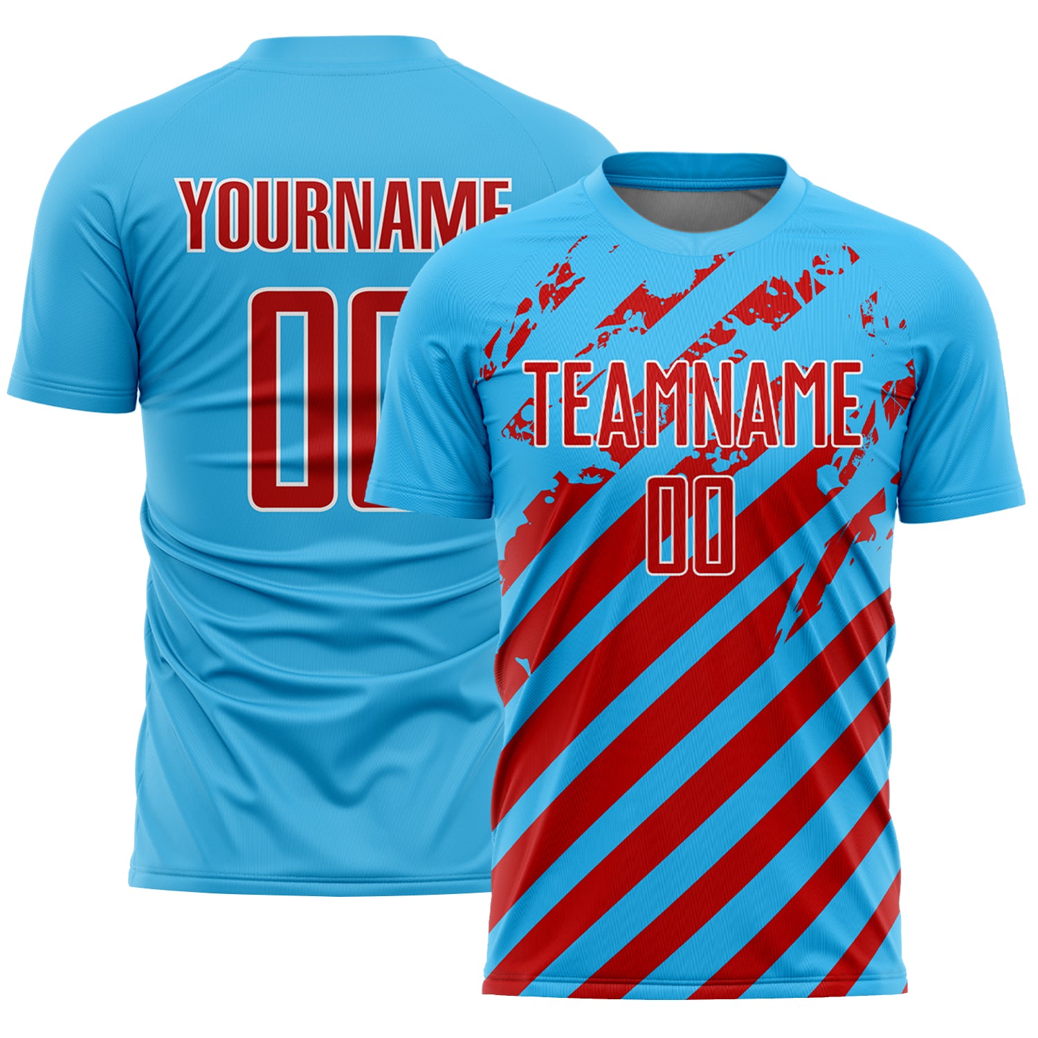 Custom Sky Blue Red-White Distressed Diagonal Stripe Pattern Sports Sublimation Soccer Uniform Jersey