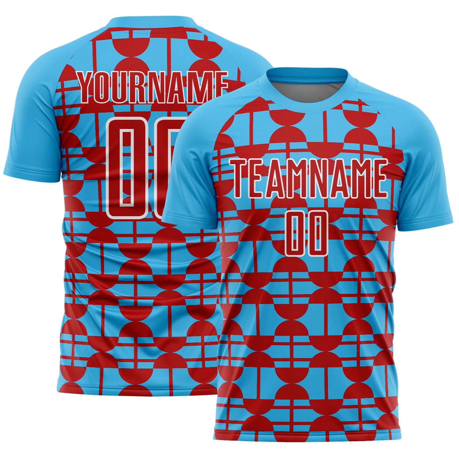 Custom Sky Blue Red-White Geometric Shapes Sports Sublimation Soccer Uniform Jersey
