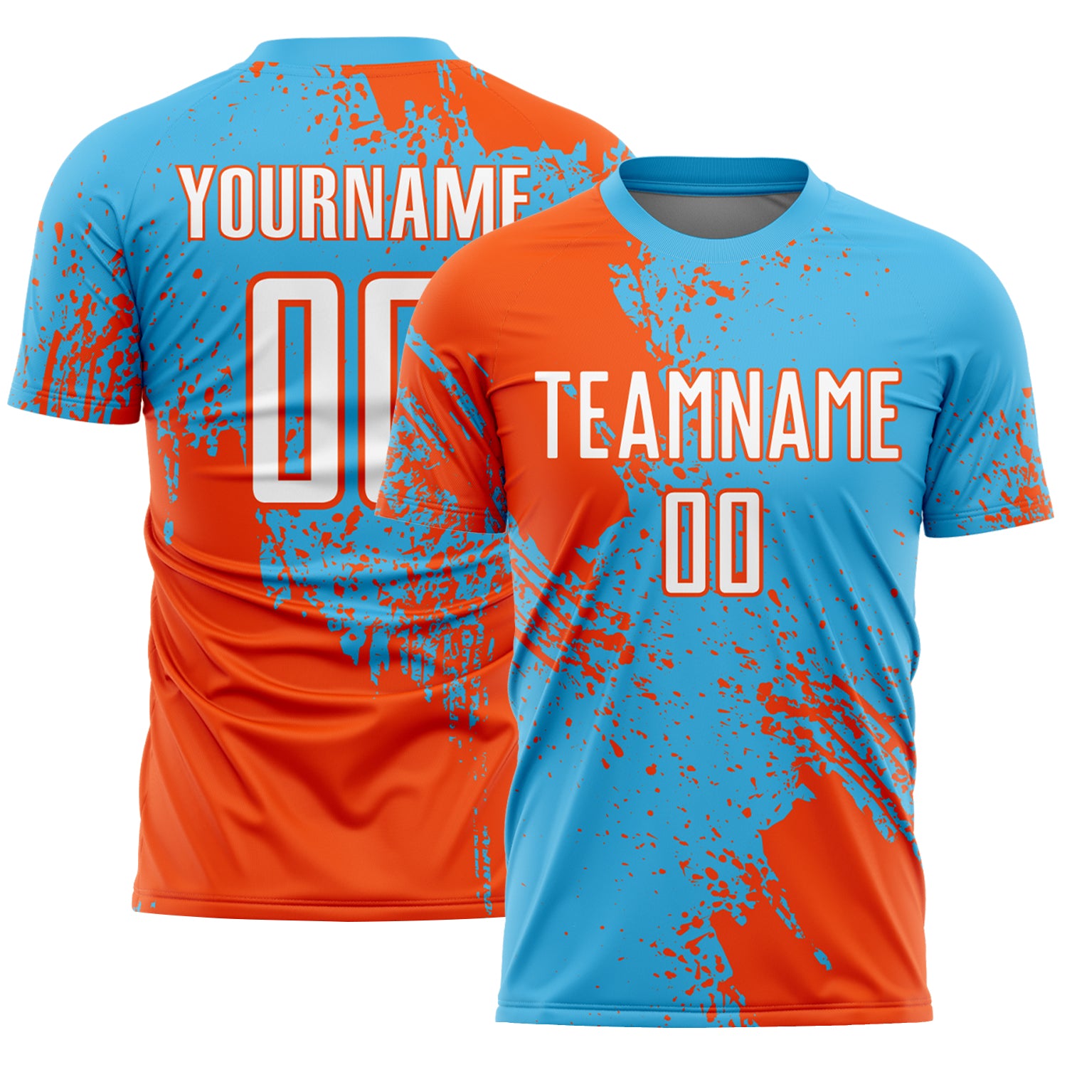 Custom Sky Blue White-Orange Abstract Brush Stroke Sports Sublimation Soccer Uniform Jersey