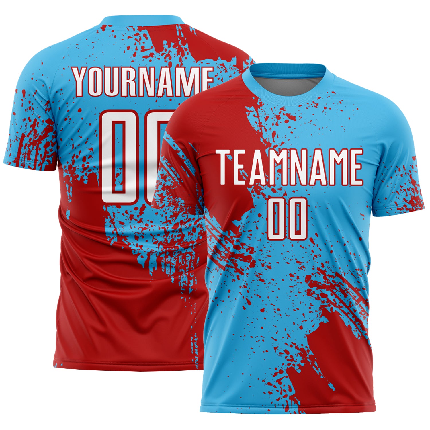 Custom Sky Blue White-Red Abstract Brush Stroke Sports Sublimation Soccer Uniform Jersey