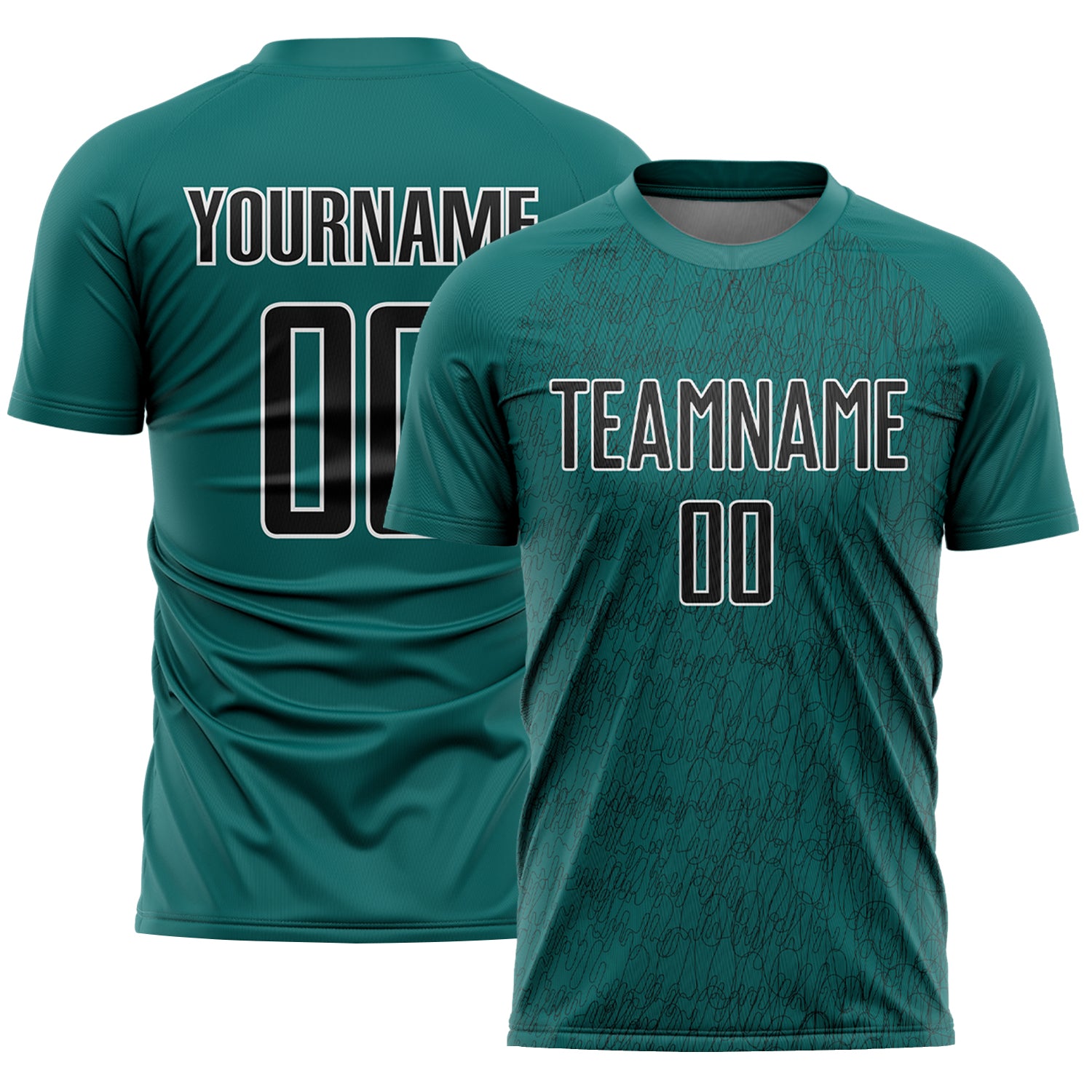 Custom Teal Black-White Abstract Scribble Curve Line Pattern Sports Sublimation Soccer Uniform Jersey