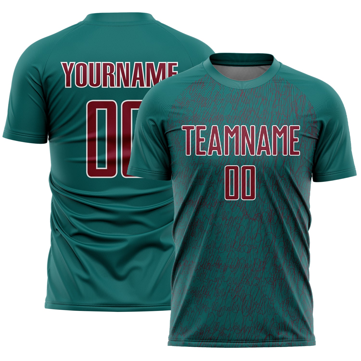 Custom Teal Crimson-White Abstract Scribble Curve Line Pattern Sports Sublimation Soccer Uniform Jersey