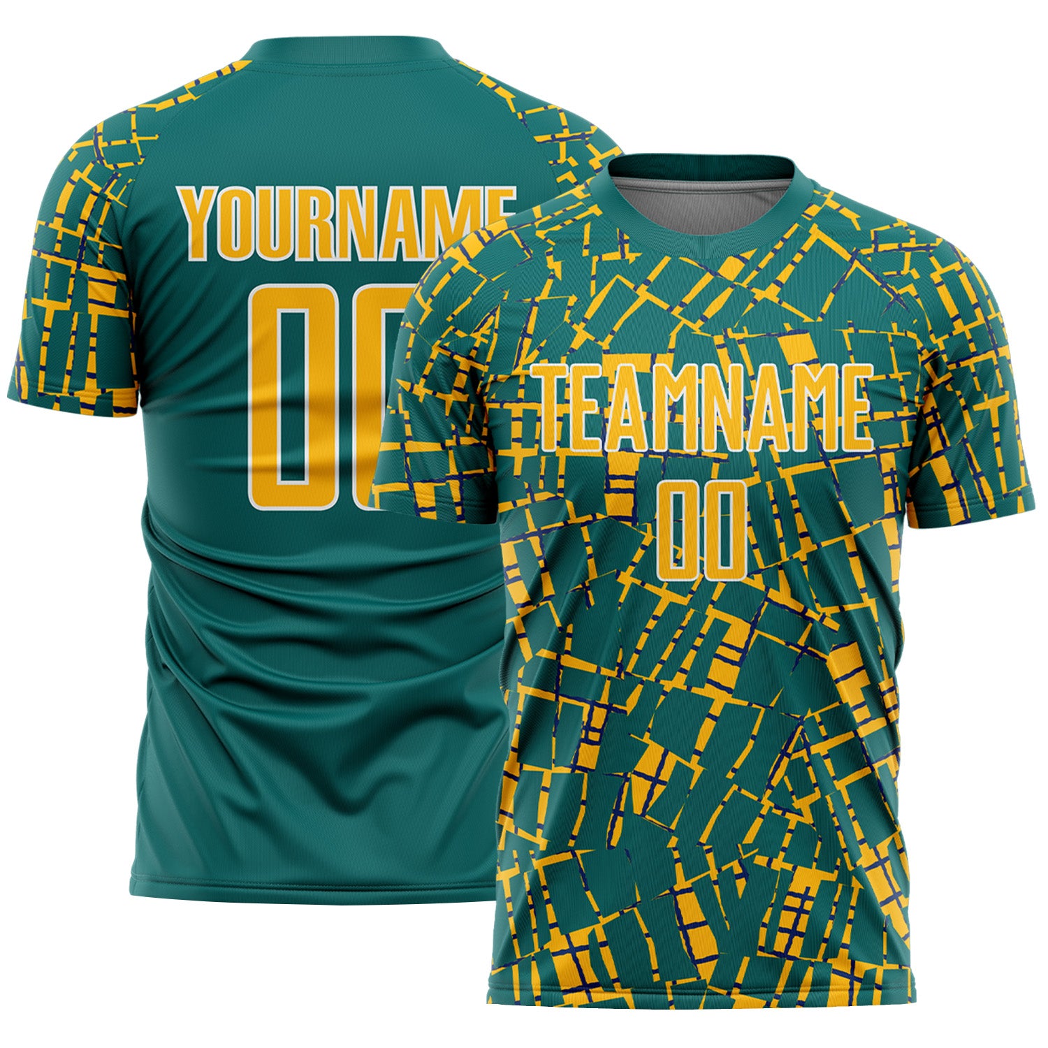 Custom Teal Gold-White Abstract Line Sports Sublimation Soccer Uniform Jersey