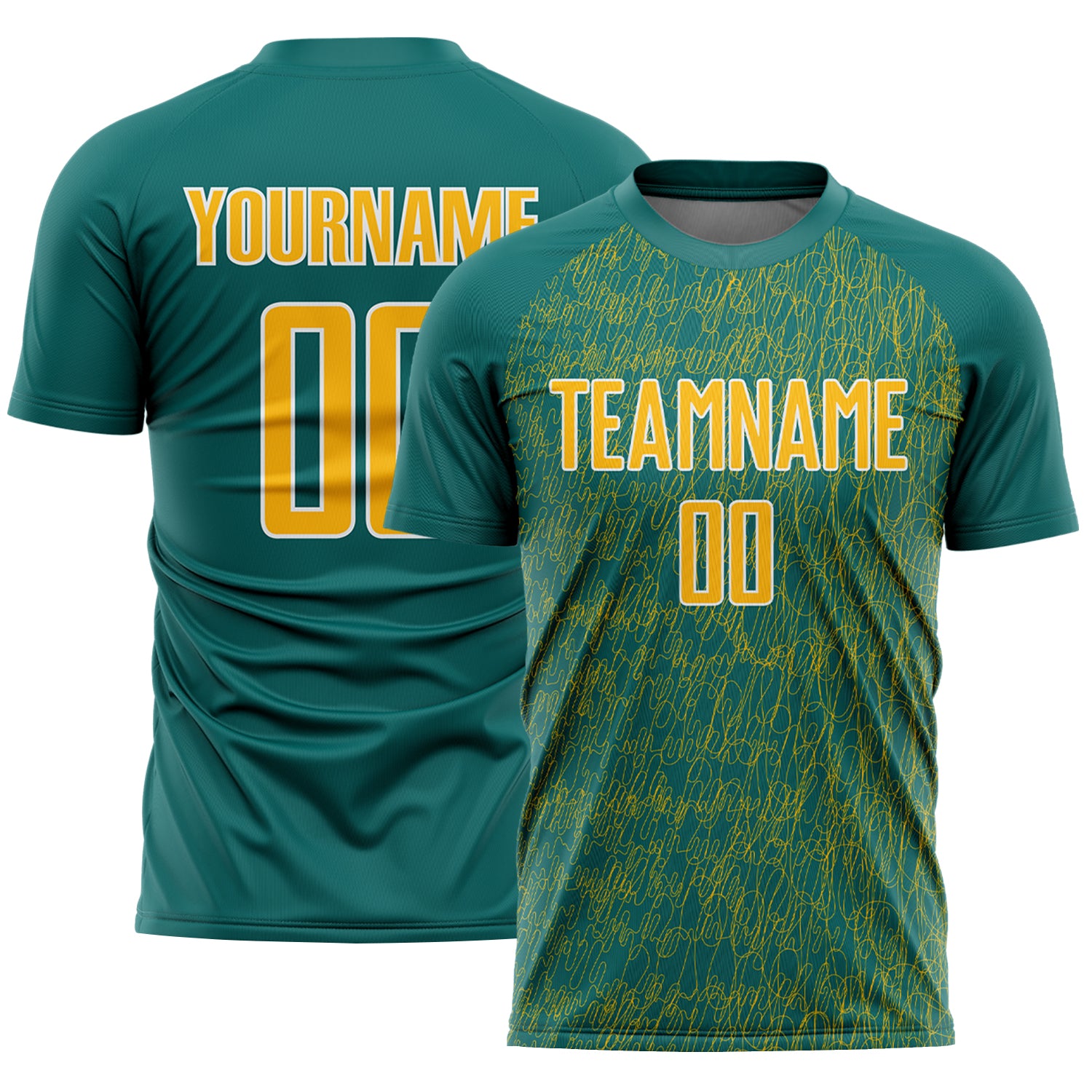 Custom Teal Gold-White Abstract Scribble Curve Line Pattern Sports Sublimation Soccer Uniform Jersey