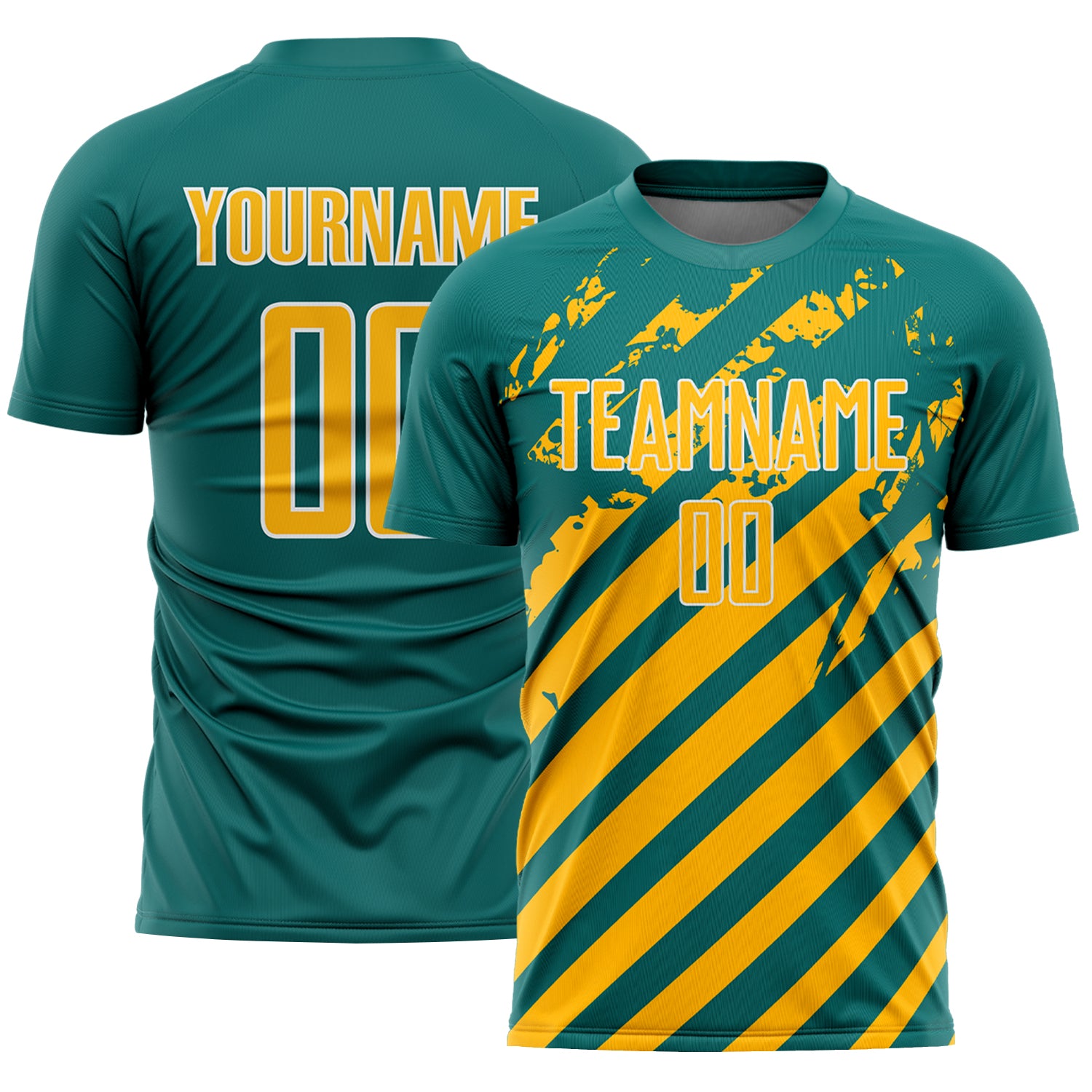 Custom Teal Gold-White Distressed Diagonal Stripe Pattern Sports Sublimation Soccer Uniform Jersey