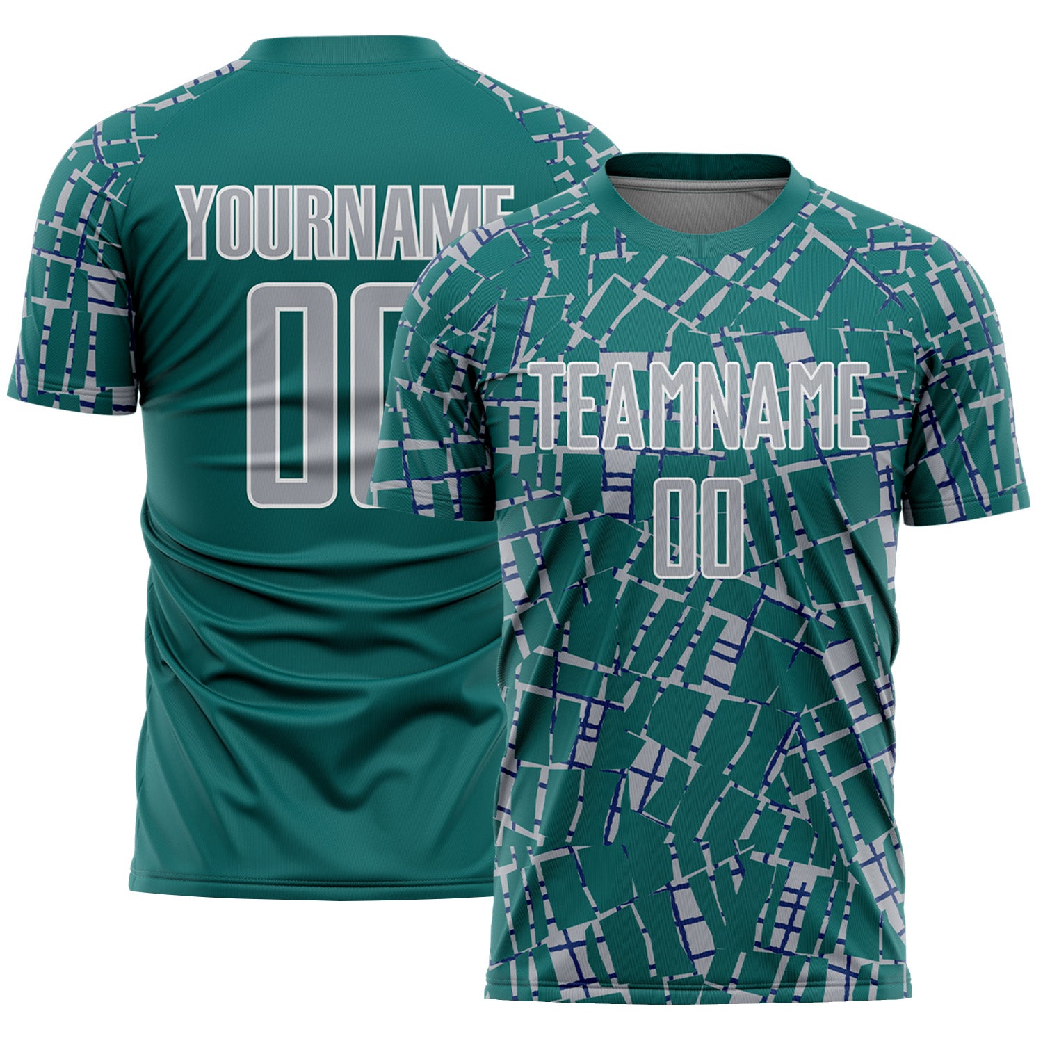 Custom Teal Gray-White Abstract Line Sports Sublimation Soccer Uniform Jersey
