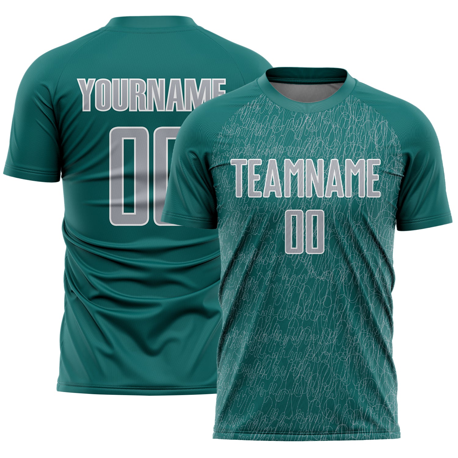Custom Teal Gray-White Abstract Scribble Curve Line Pattern Sports Sublimation Soccer Uniform Jersey