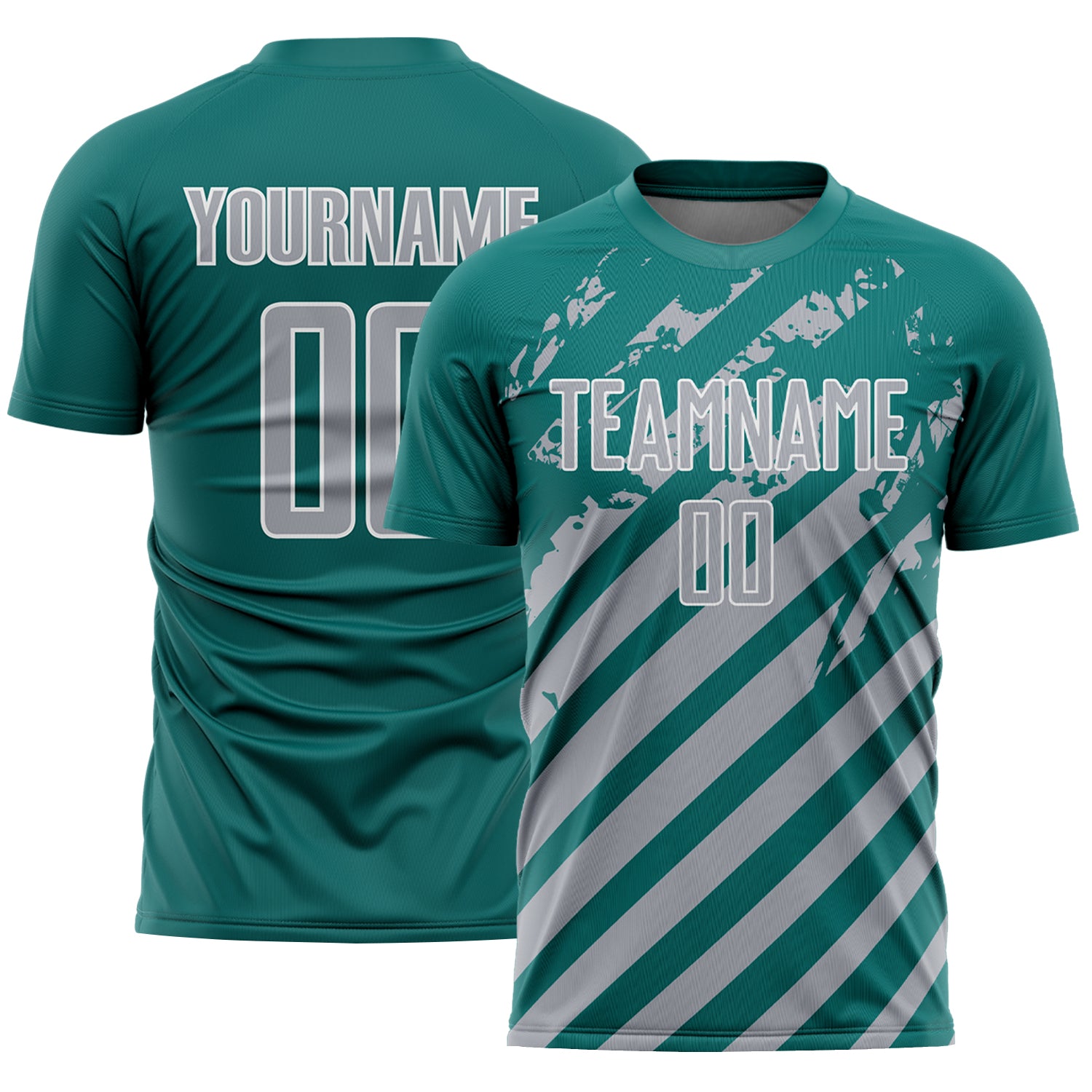 Custom Teal Gray-White Distressed Diagonal Stripe Pattern Sports Sublimation Soccer Uniform Jersey