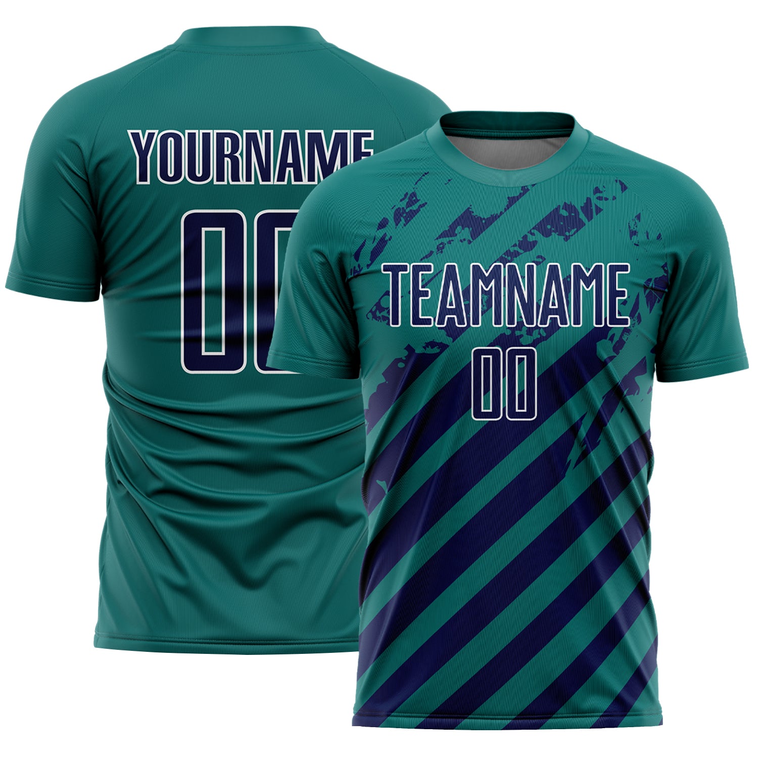 Custom Teal Navy-White Distressed Diagonal Stripe Pattern Sports Sublimation Soccer Uniform Jersey