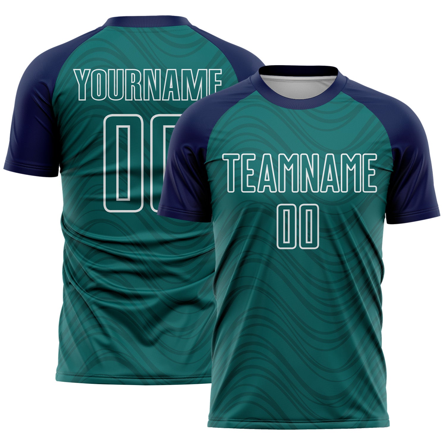 Custom Teal Navy-White Wavy Lines Sports Sublimation Soccer Uniform Jersey