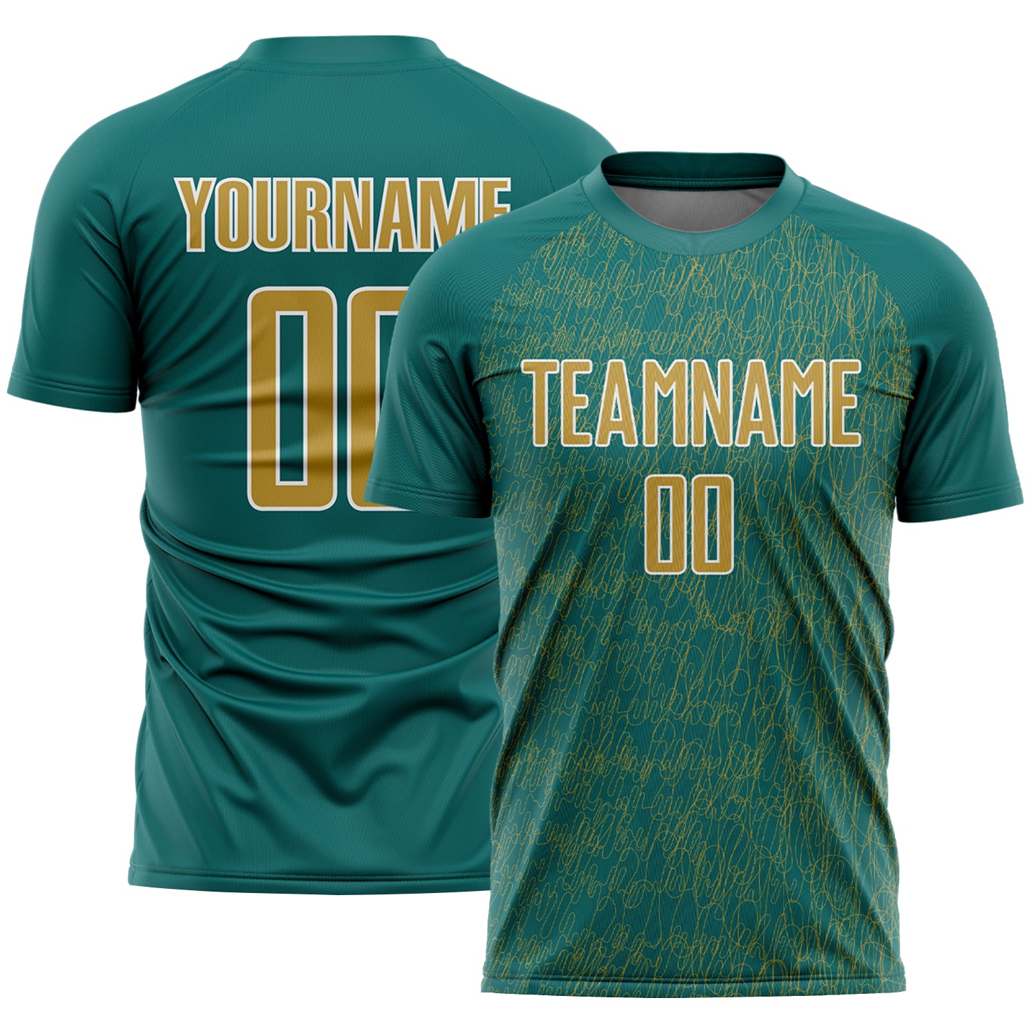 Custom Teal Old Gold-White Abstract Scribble Curve Line Pattern Sports Sublimation Soccer Uniform Jersey