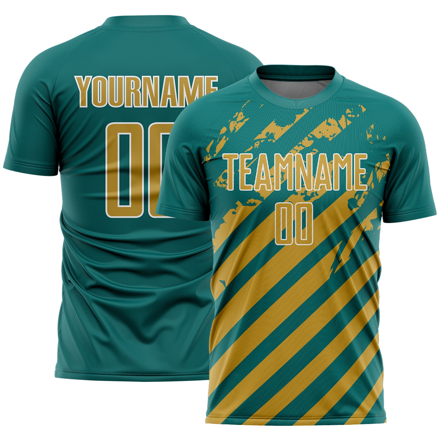 Custom Teal Old Gold-White Distressed Diagonal Stripe Pattern Sports Sublimation Soccer Uniform Jersey