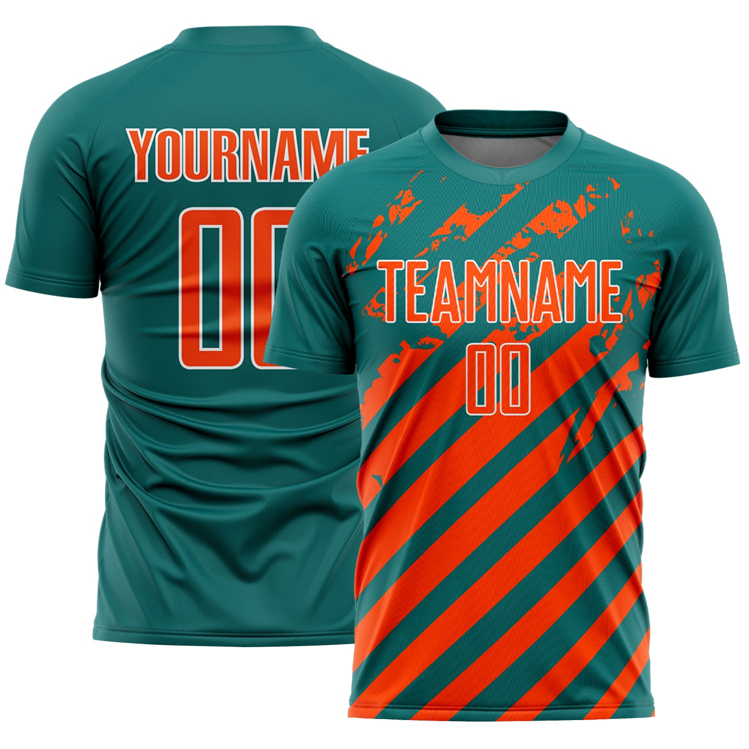 Custom Teal Orange-White Distressed Diagonal Stripe Pattern Sports Sublimation Soccer Uniform Jersey