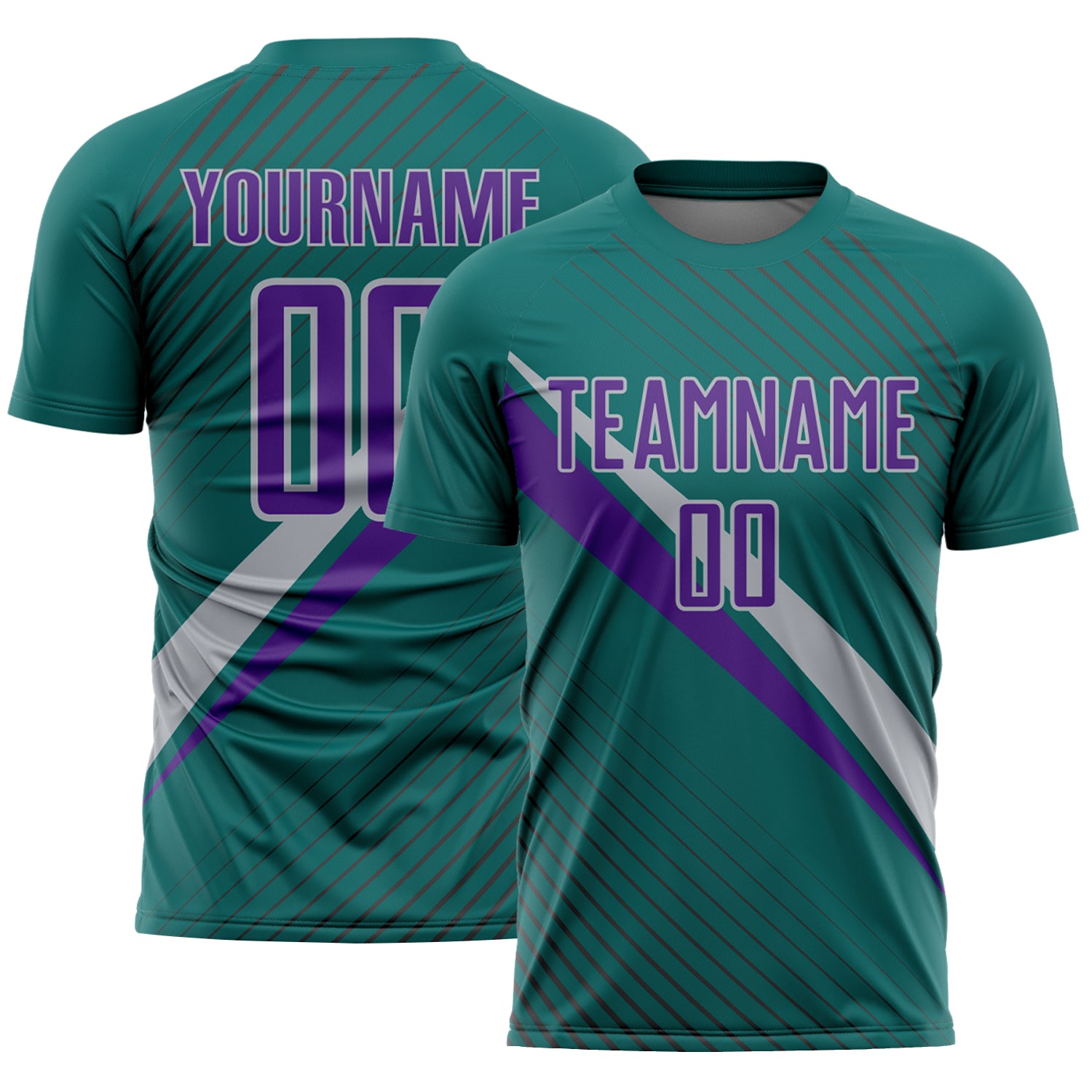 Custom Teal Purple-Gray Diagonal Stripes Sports Sublimation Soccer Uniform Jersey